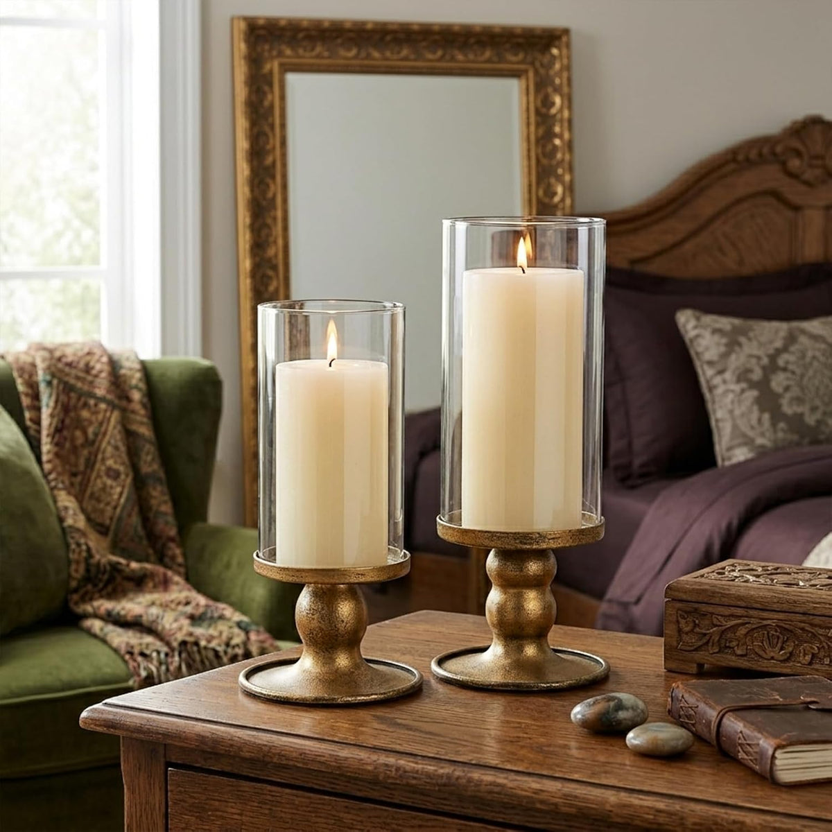 NITIME 2pcs Hurricane Candle Holder for Pillar Candles, Antique Brass Iron Candle Holders with Clear Glass Sleeve for