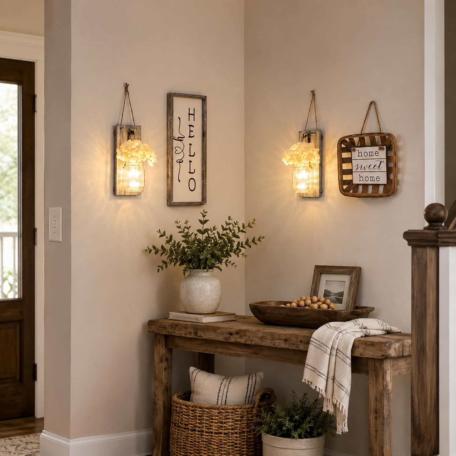 Rustic Mason Jar Sconces Wall Decor / 11"H Grey Wall Decor + Hydrangea / Set of 2