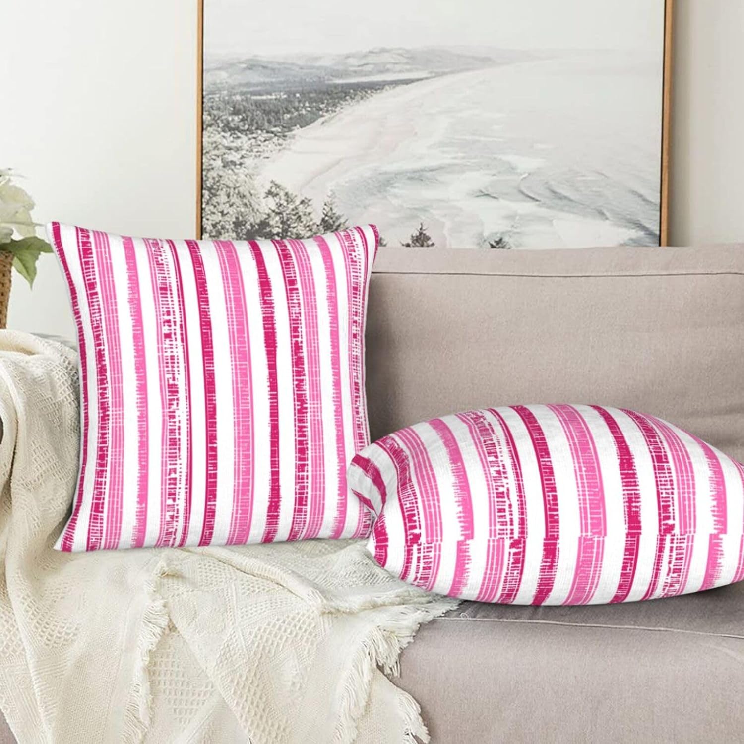 Boho Hot Pink White Striped Throw Pillow Covers Outdoor / 18 x 18 / Boho Hot Pink Striped / Set of 2