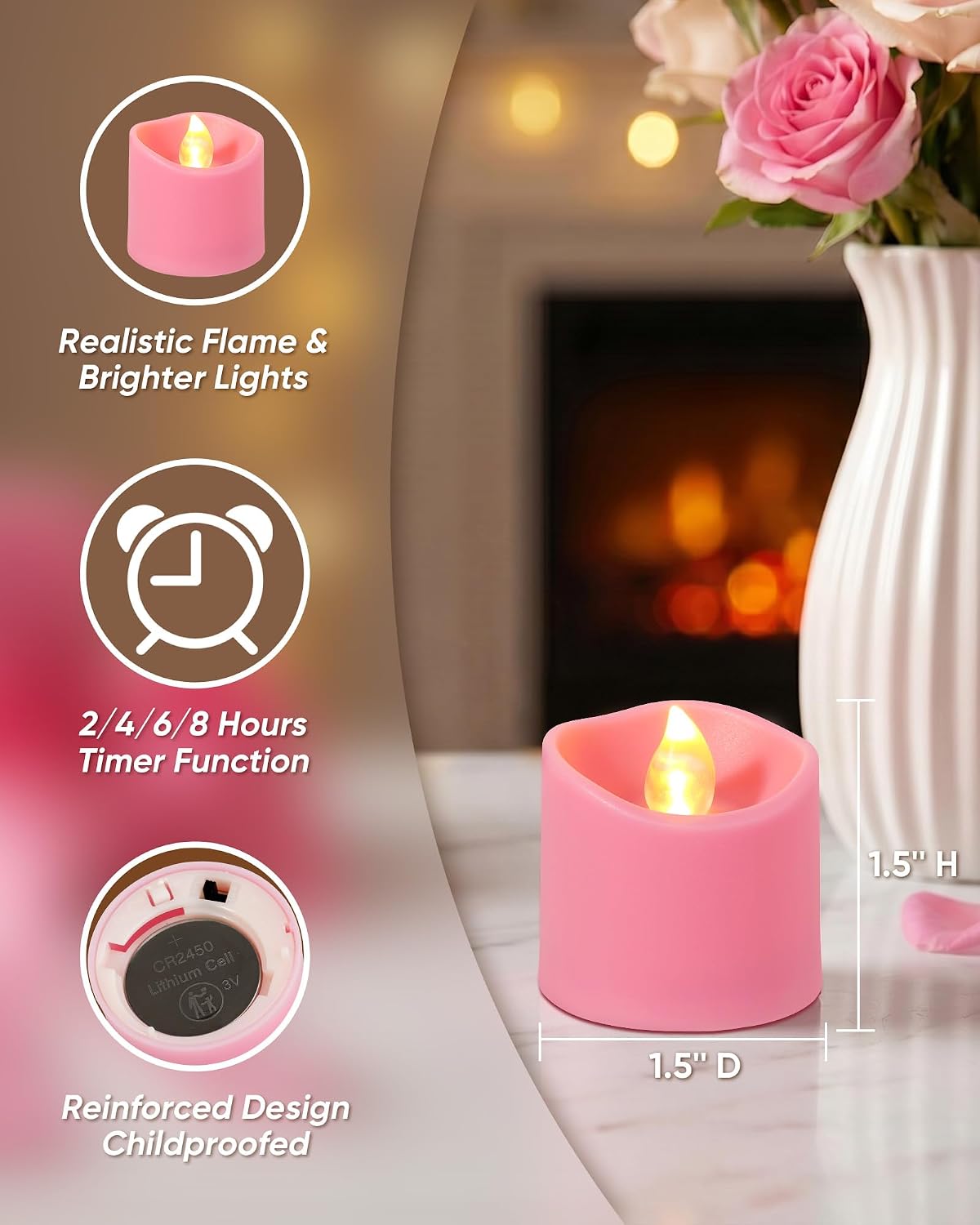 Homemory Pink Flameless LED Votive Tealight Candles & Timer Remote, 24Pack | Battery operated, 400+ hour runtime