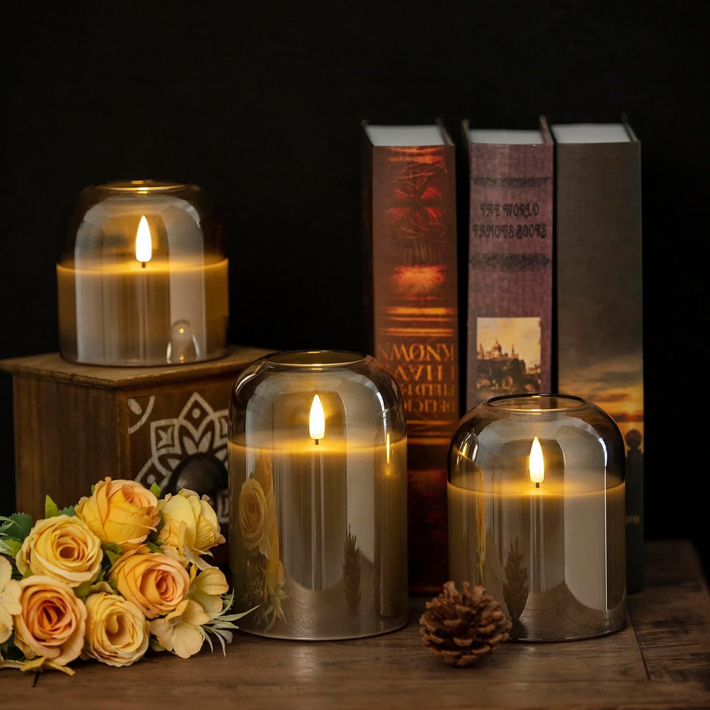 volnyus Grey Glass Flameless Candles with Remote Set of 3 Battery Operated Flickering LED Pillar Candles Real Wax Wick