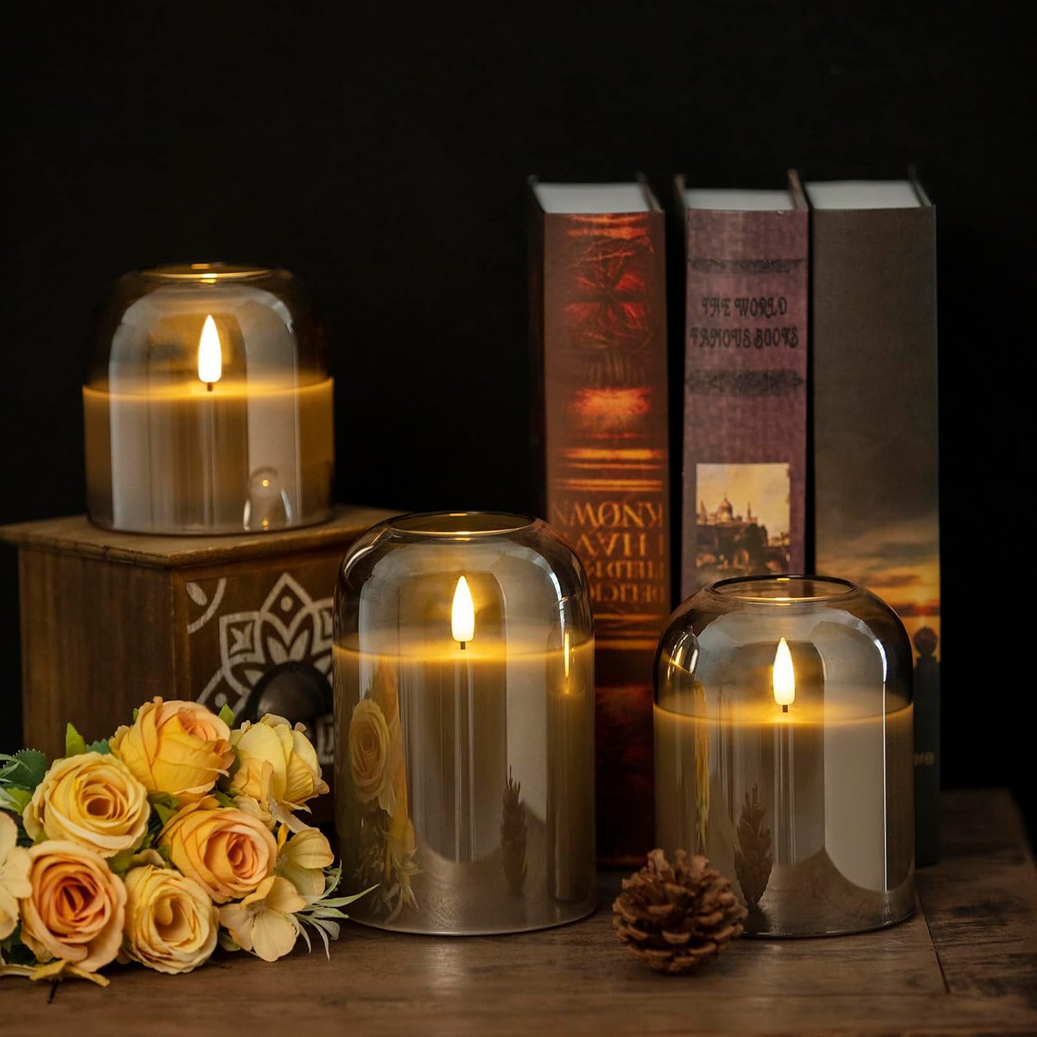 volnyus Grey Glass Flameless Candles with Remote Set of 3 Battery Operated Flickering LED Pillar Candles Real Wax Wick