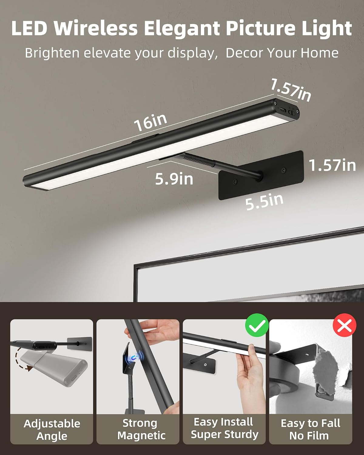 EZVALO Picture Light for Wall, 4800mAh Rechargeable Wireless Black Lights for Painting, 16In Dimmable Magnetic LED RGB