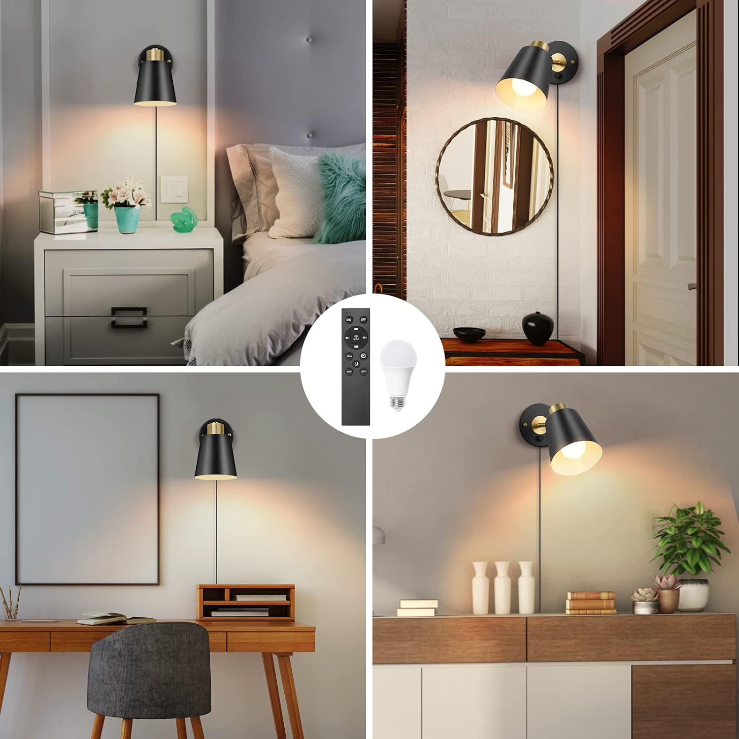 VATONI Wall Sconce Plug in, Remote Control Dimmable Wall Sconces and Adjustable Color Temperature 2700K-6000K Wall