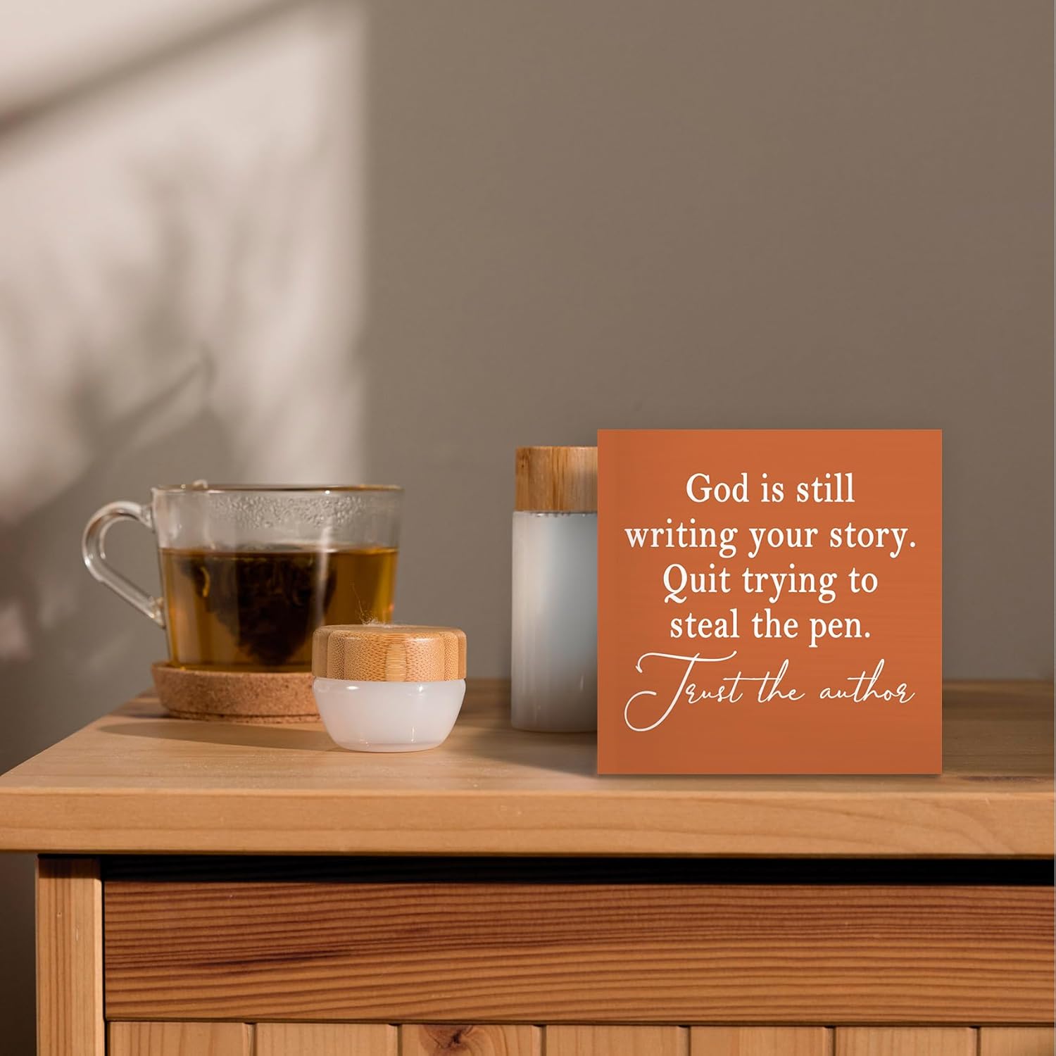God Is Still Writing Your Story Wood Box Sign Desk Decor / 5 x 5 / Colour 07 / Orange