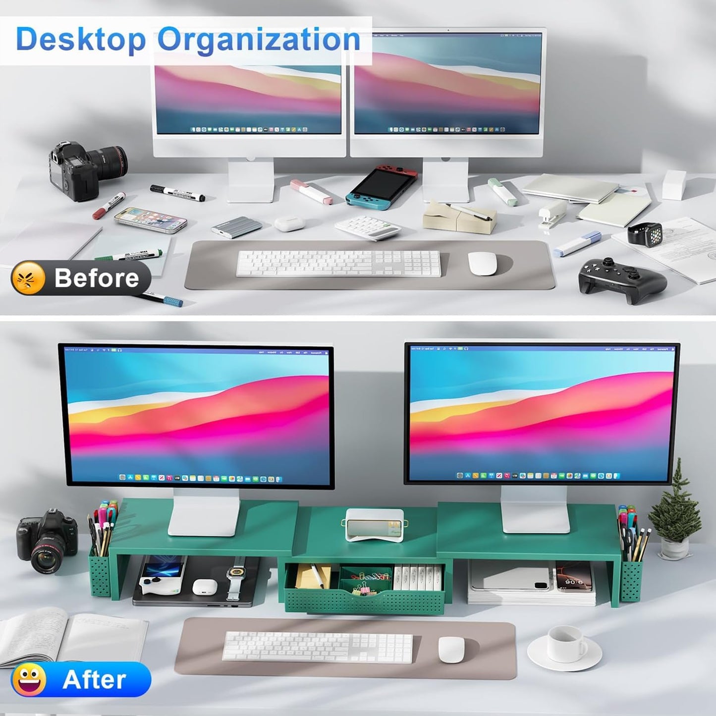 gianotter Dual Monitor Stand Riser With Drawer and 2 Pen Holders | Computer Monitor Stand Desk Organizer and