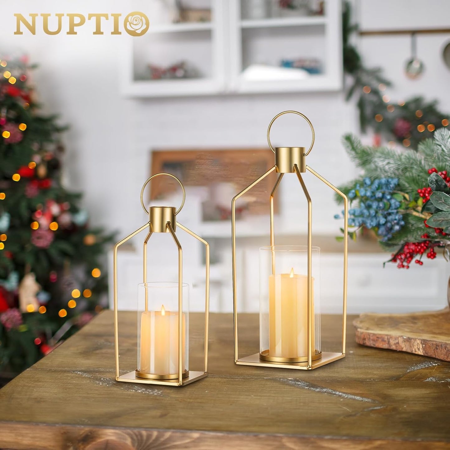 NUPTIO Gold Lanterns Decorative Indoor: Hanging Candle Lantern for Pillars | Hurricane Glass Lantern Set of 2for