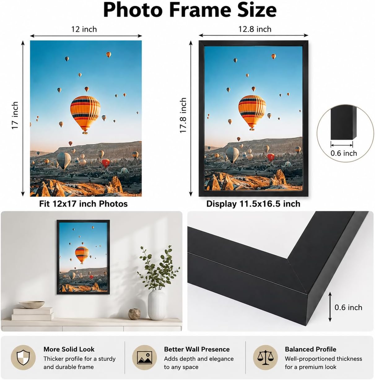 JCJMY 12x17 Black Picture Frame Set of 6, Horizontal and Vertical Formats for Wall Hanging, 12 x 17 Wall Gallery Poster