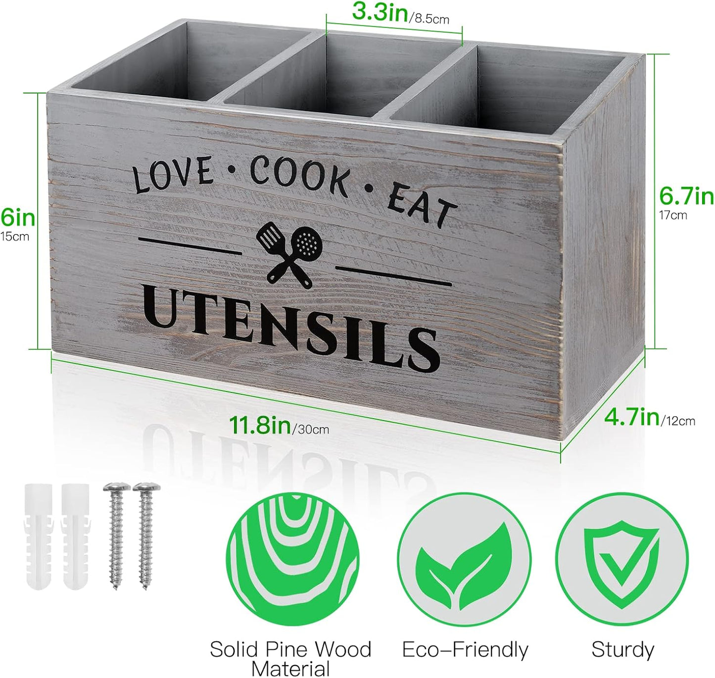 MINCORD Wood Utensil Holder for Kitchen Counter | Grey Rustic Utensil Caddy with 3 Compartments | Farmhouse Flatware