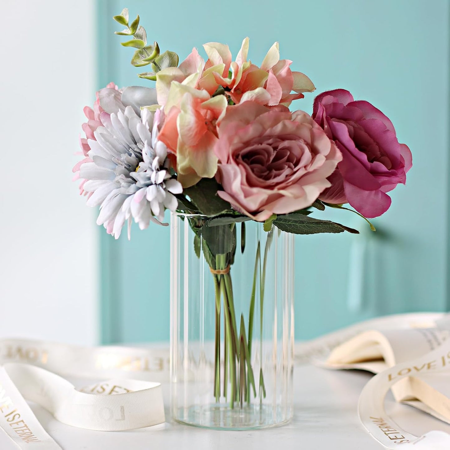 Glass Cylinder vases for Centerpieces / Ribbed / Clear / 6 Inch / Set of 12