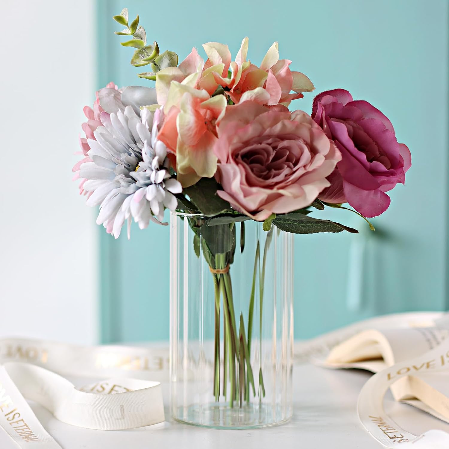 Glass Cylinder vases for Centerpieces / Ribbed / Clear / 6 Inch / Set of 12