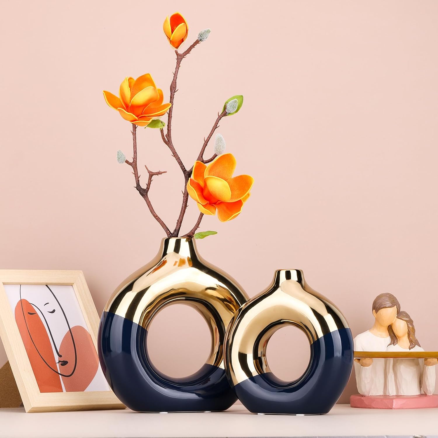 Navy and Gold Ceramic Vase / Blue / Set of 2