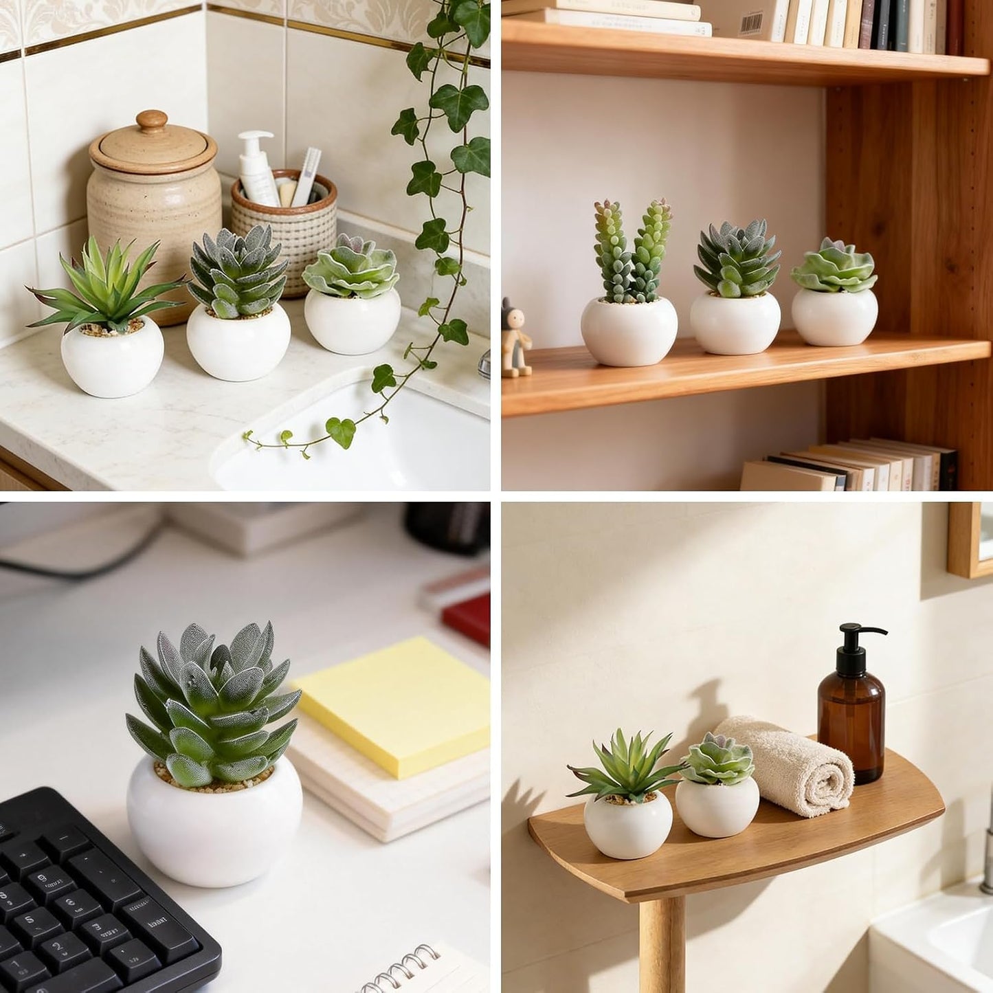 Mini Artificial Succulents Plants in Ceramic Pots Small Fake / Green-ceramic White Pot / Set of 6