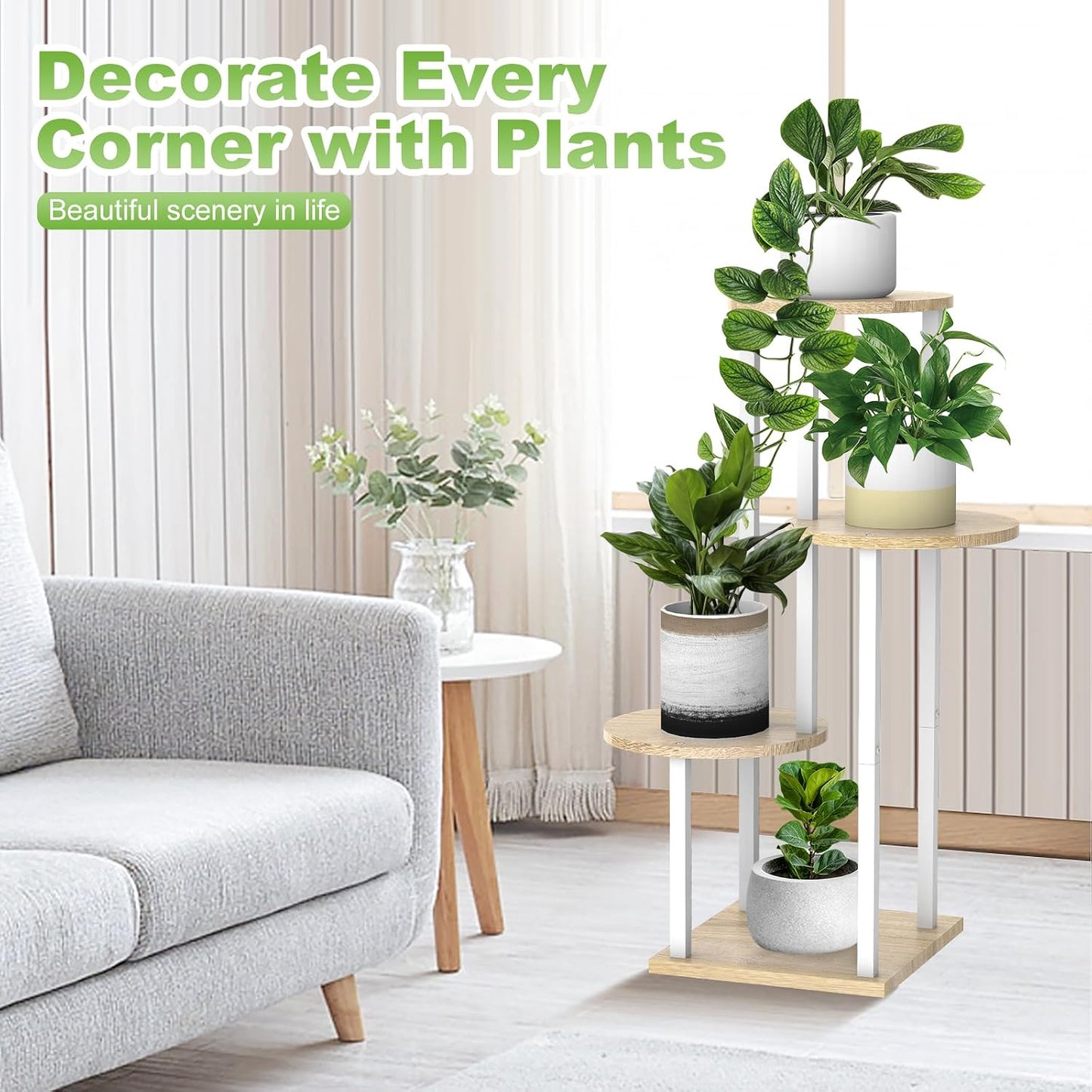 4 Tier Wood Tall Plant Stand Metal Rack Indoor, Multiple Flower Pot Holder Shelves Corner Rack, Round Planter Shelf