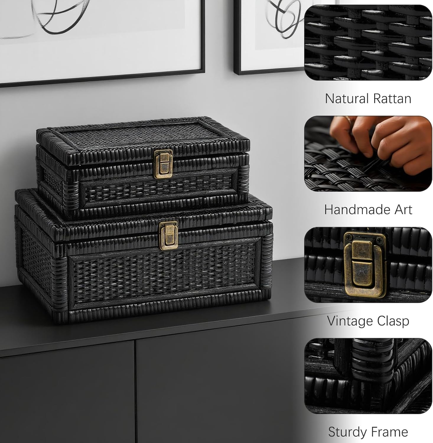 Lid Decorative Natural Handmade Boho Rattan Baskets Woven Wicker Cane Bins Keepsake / Small / Black