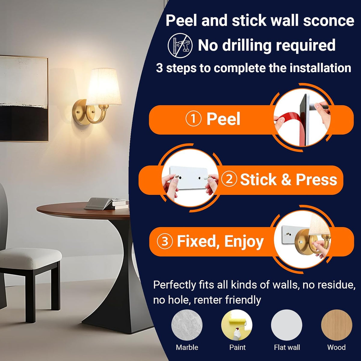 YHCDLAMP Peel and Stick Wall Sconces, No Drilling Stick On Wall Sconce, Wireless Battery Operated Wall Lights, Adhesive