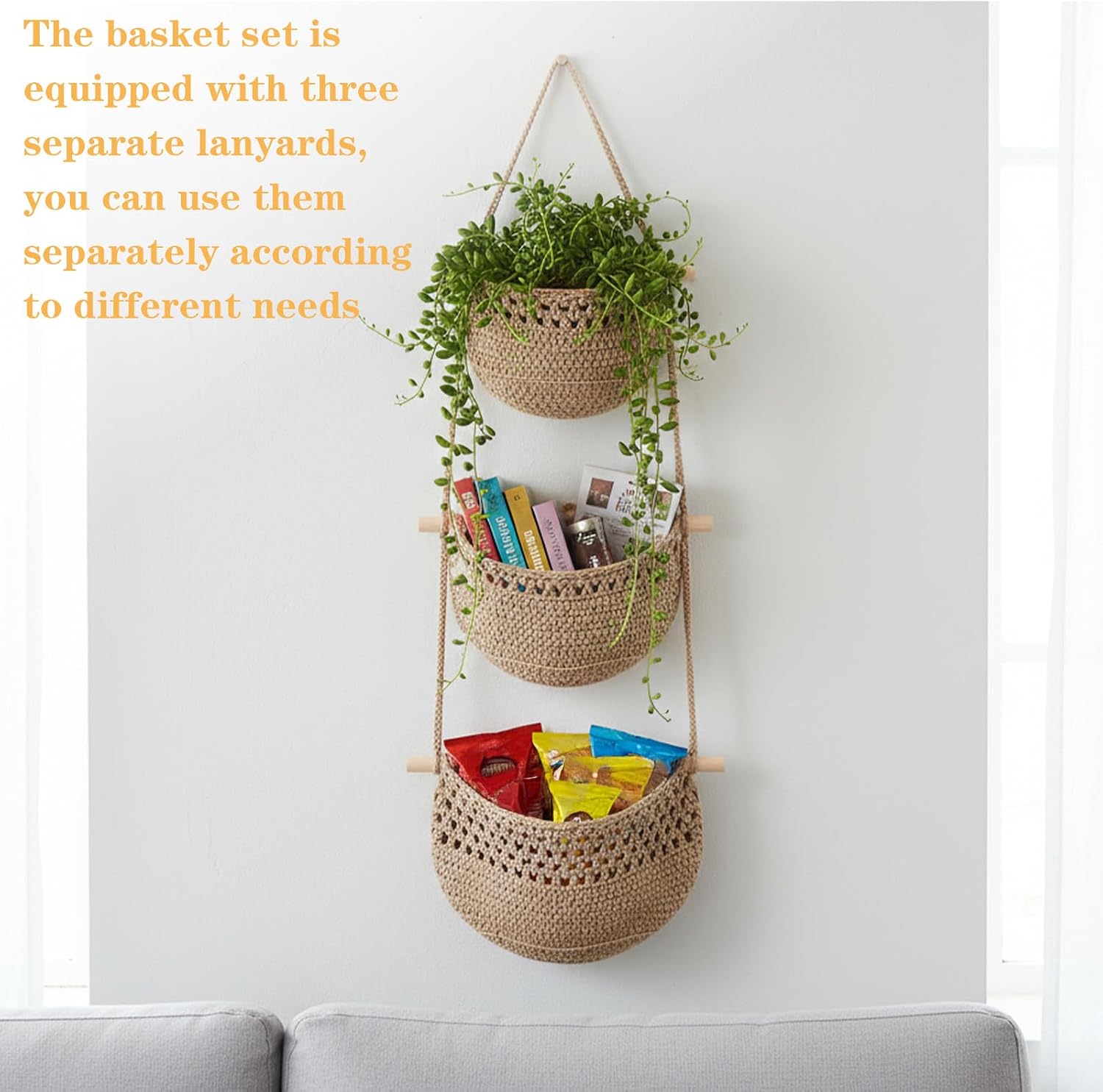 3 Tier Woven Jute Wall Basket for Organizing