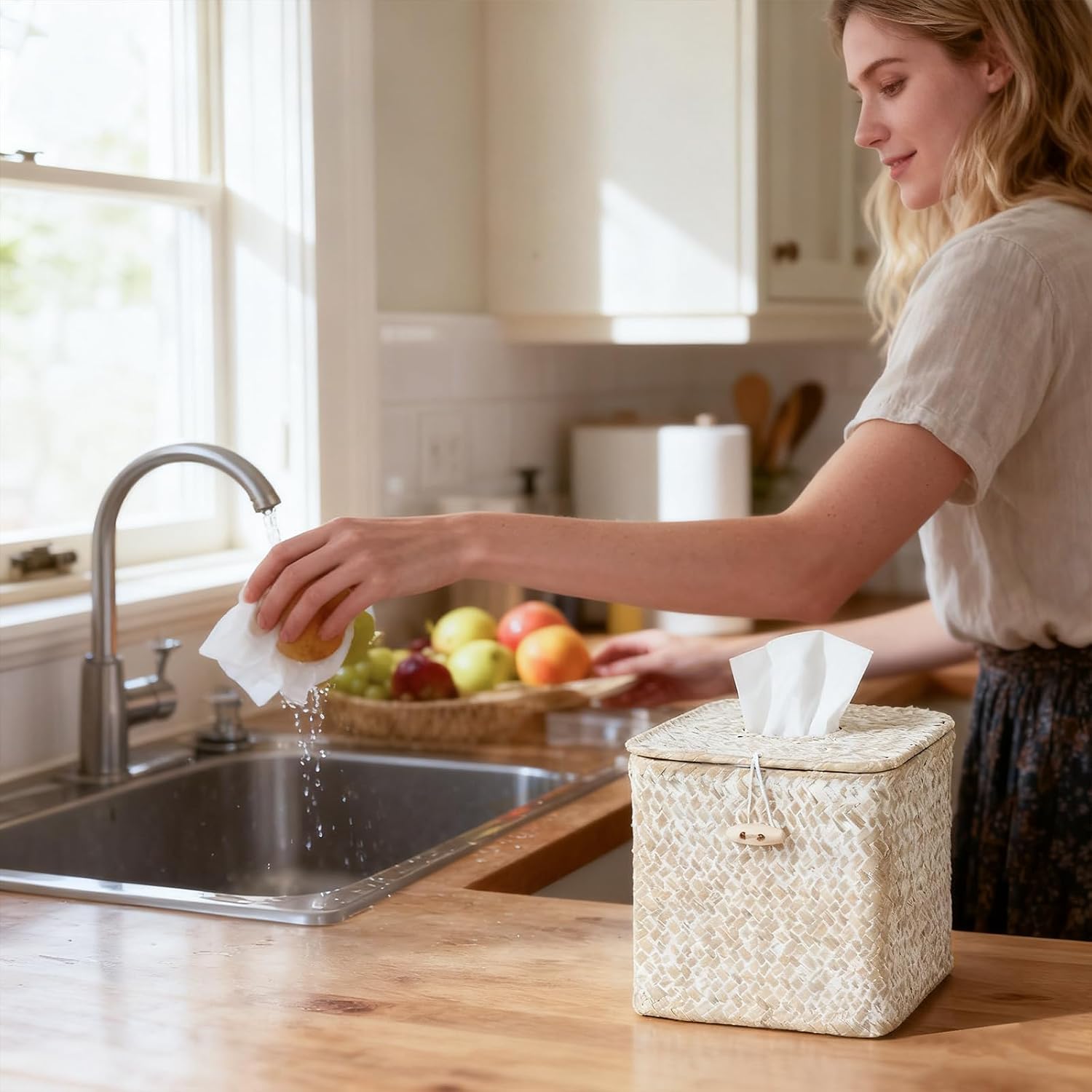 Woven Seagrass Tissue Box Holder / Whitewash / Square