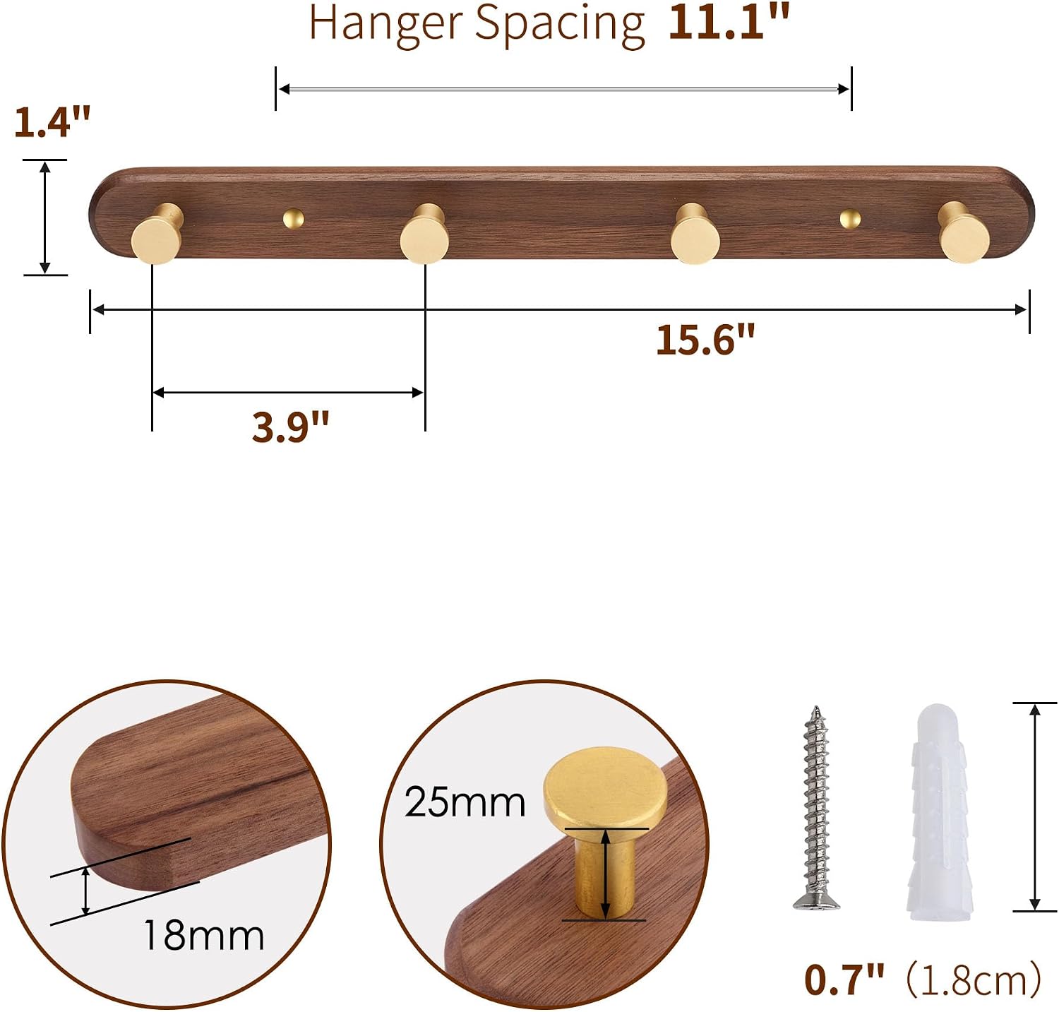 Wall Mounted Coat Rack, Metal Wood with 4 Hooks | Entryway Hanging, Walnut Gold Matt, For Coat, Scarf, Bag, Towel, Key