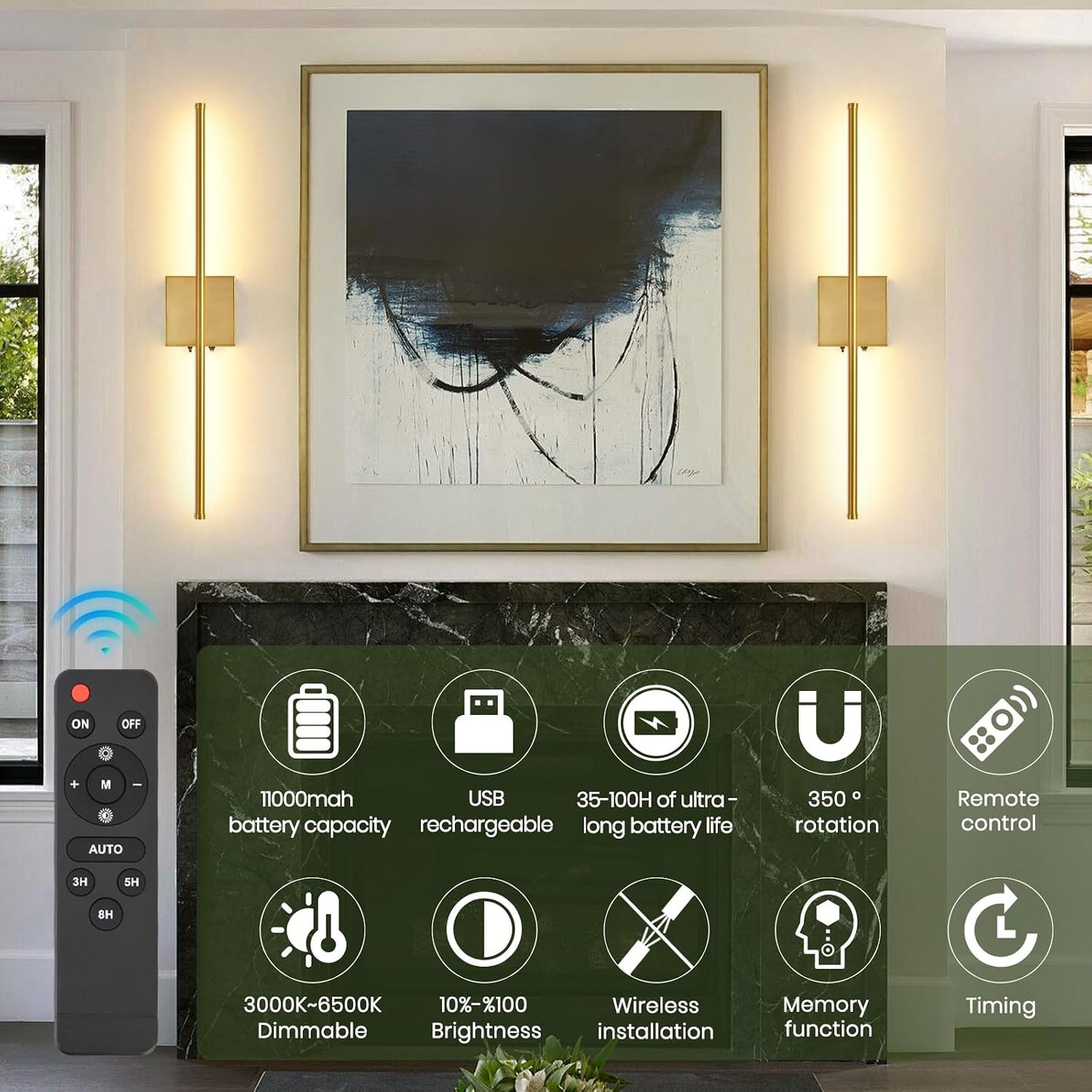 Rechargeable Battery Operated Wall Sconces, 11000mAh Wireless Brushed Gold Wall Lights with Remote Control, 350°Rotate