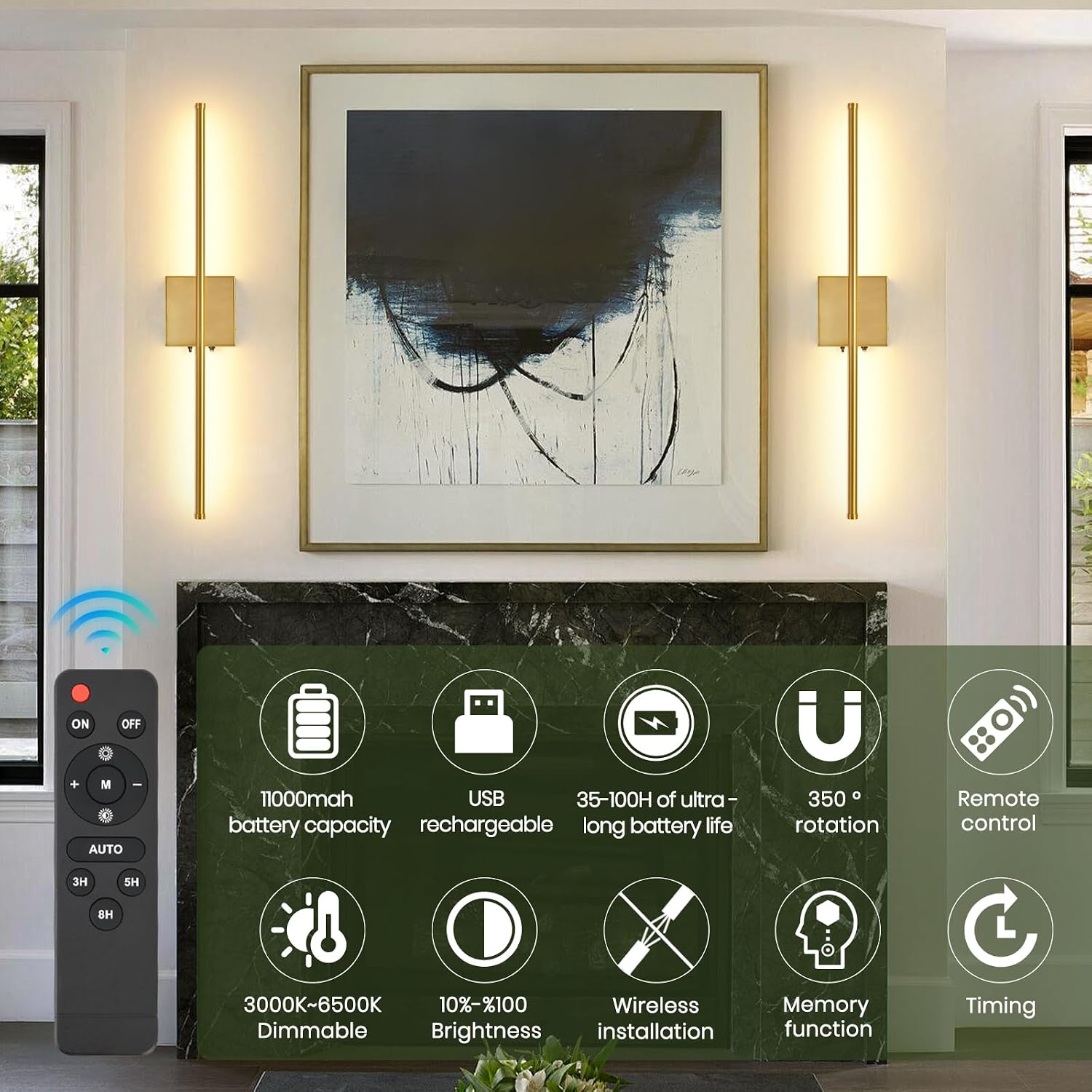 Rechargeable Battery Operated Wall Sconces, 11000mAh Wireless Brushed Gold Wall Lights with Remote Control, 350°Rotate