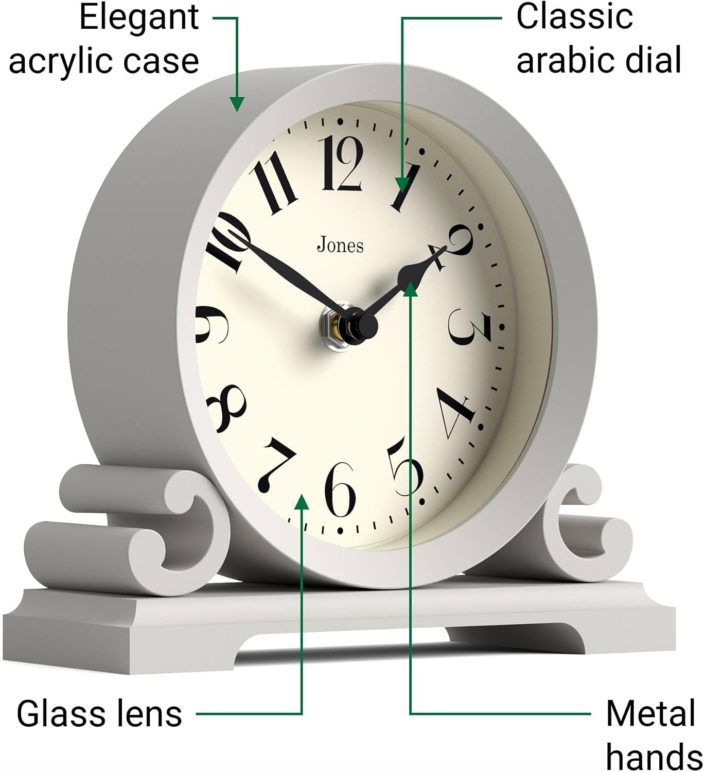 JONES CLOCKS® Saloon Mantel Clock | Small Traditional Double Scroll Design | Gray | Contemporary Classic Style for