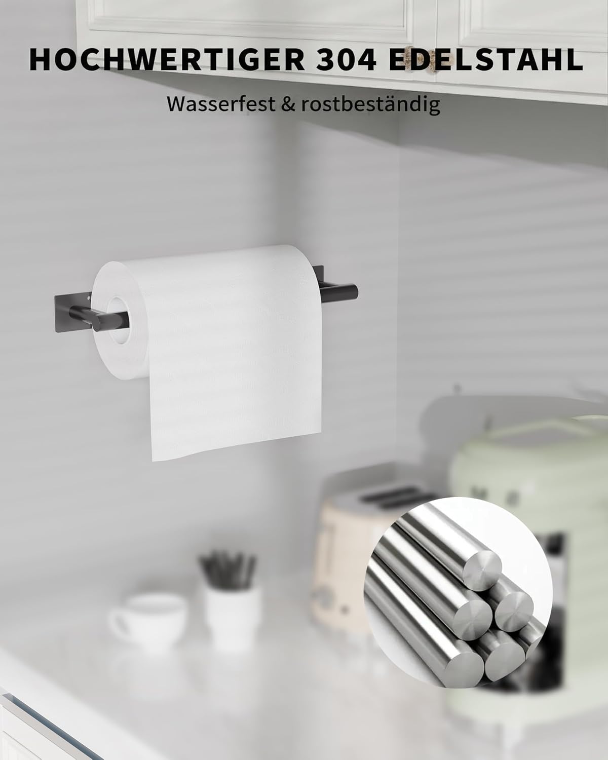 Black Paper Towel Holder Under Cabinet with Damping Self Adhesive | 304 Stainless Steel Post Pivoting Design Wall