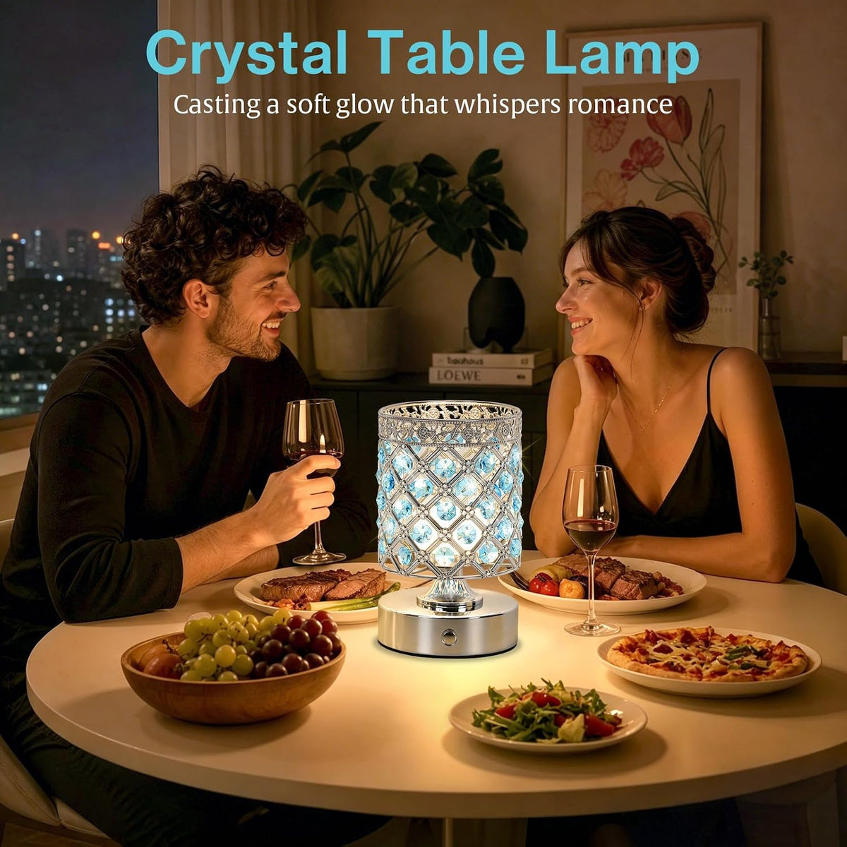 Blue Crystal Rechargeable Cordless Table Lamp, Touch Small Desk Lamp | 6000mAh Battery, 3 Color Temps, Stepless