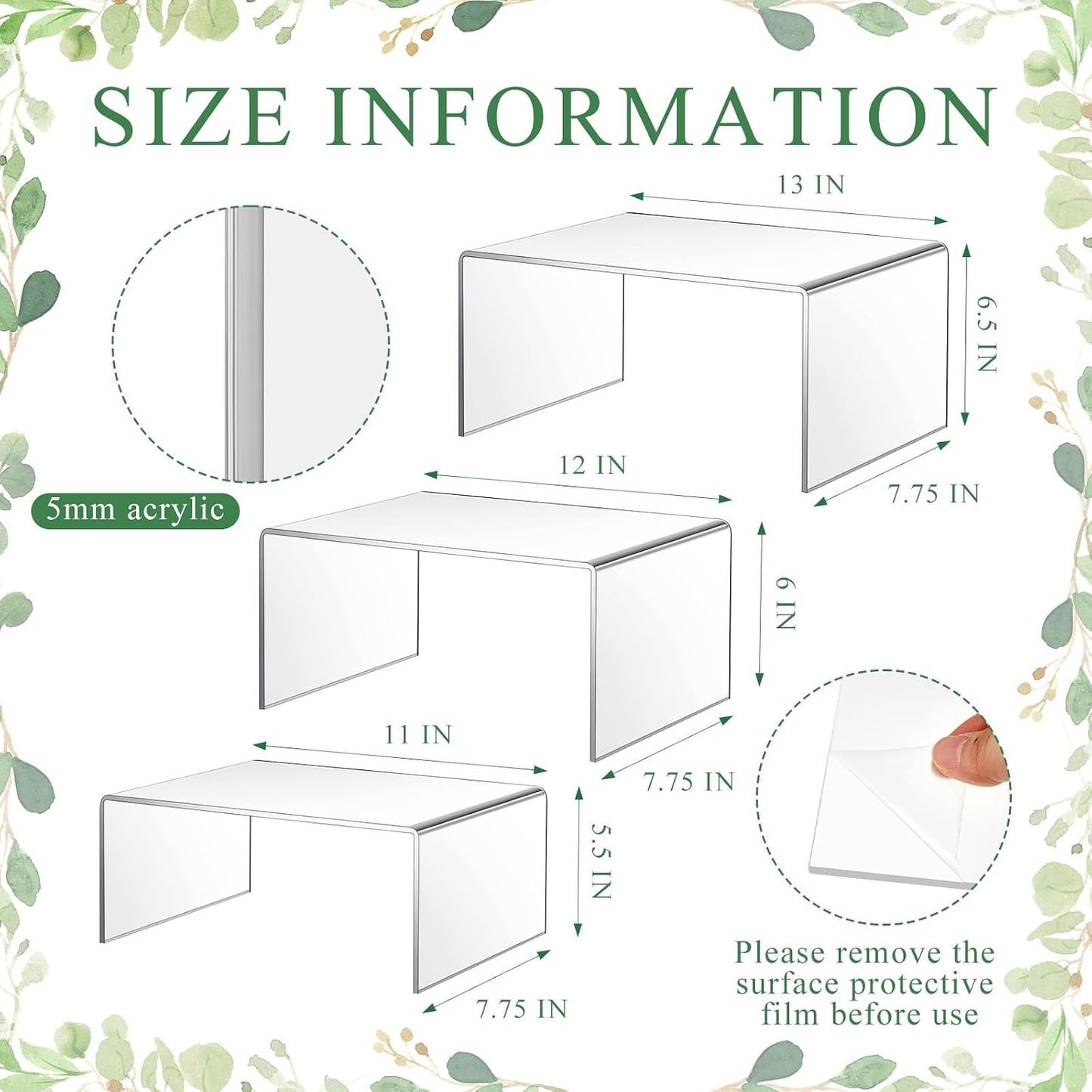 RattanView 3 Pcs Extra Large 13,12,11 Inch Acrylic Display Risers Clear Acrylic Shelf Riser Display Stands 5 mm Thick