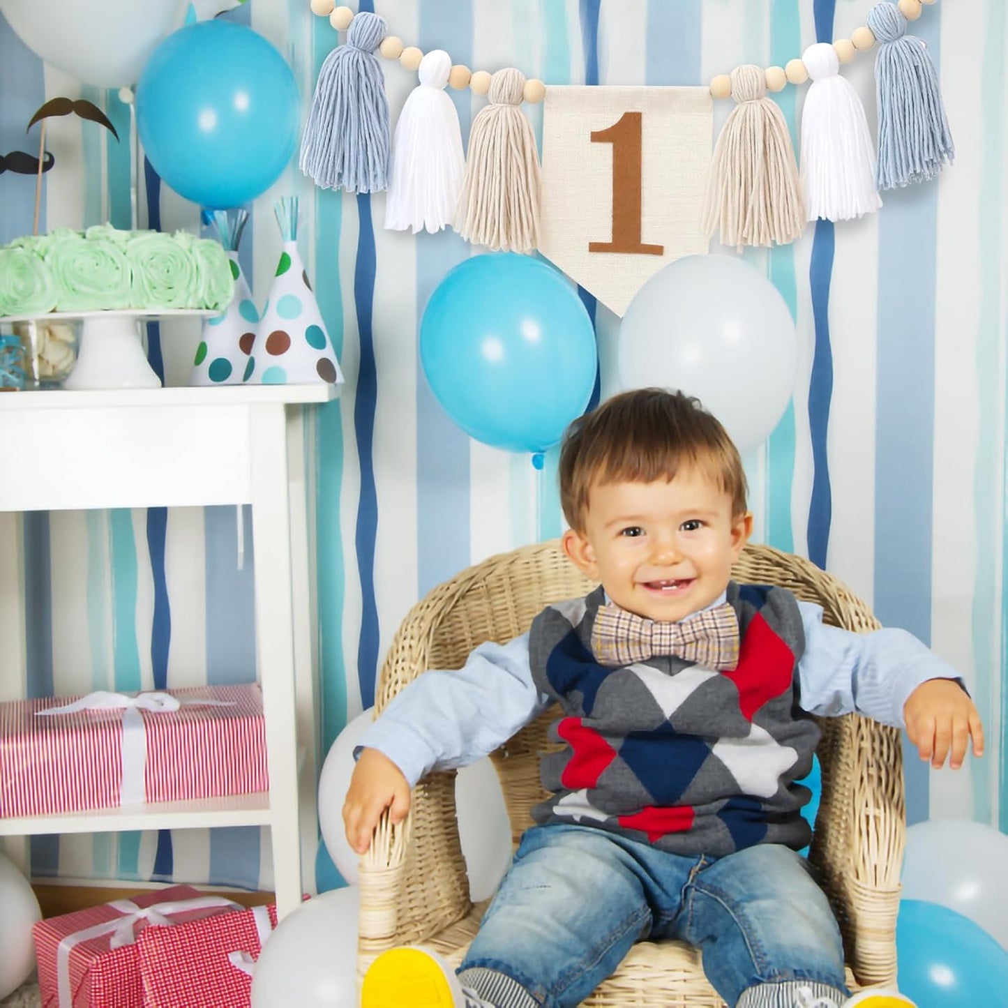 Handmade Boho Blue 1st Birthday High Chair Banner for Baby Boys Wall Hangings Wood / Brown and Blue