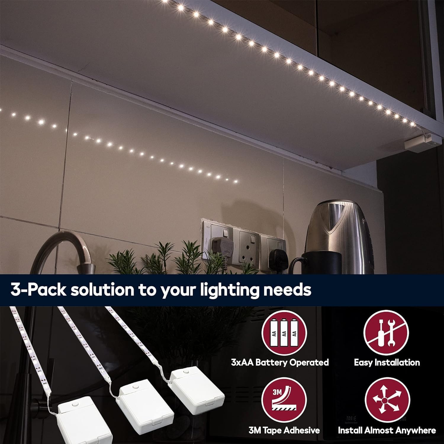 BestLuz Battery Powered LED Strip Lights, 3 Pack 40 Inch Battery Operated LED Strip Lights for Shelves and Under