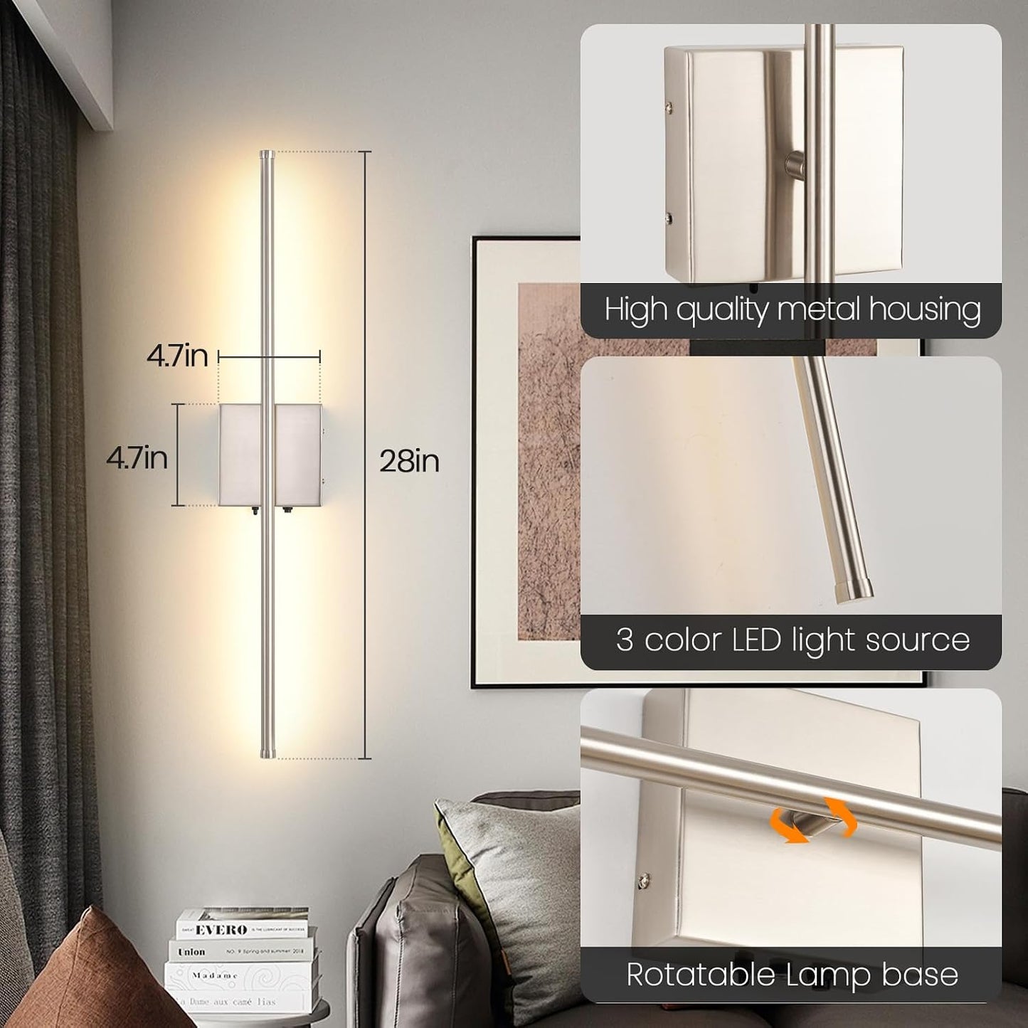 Wireless Battery Operated Wall Sconces, 11000mAh Rechargeable Brushed Nickel Wall Light with Remote Control, 350°Rotate