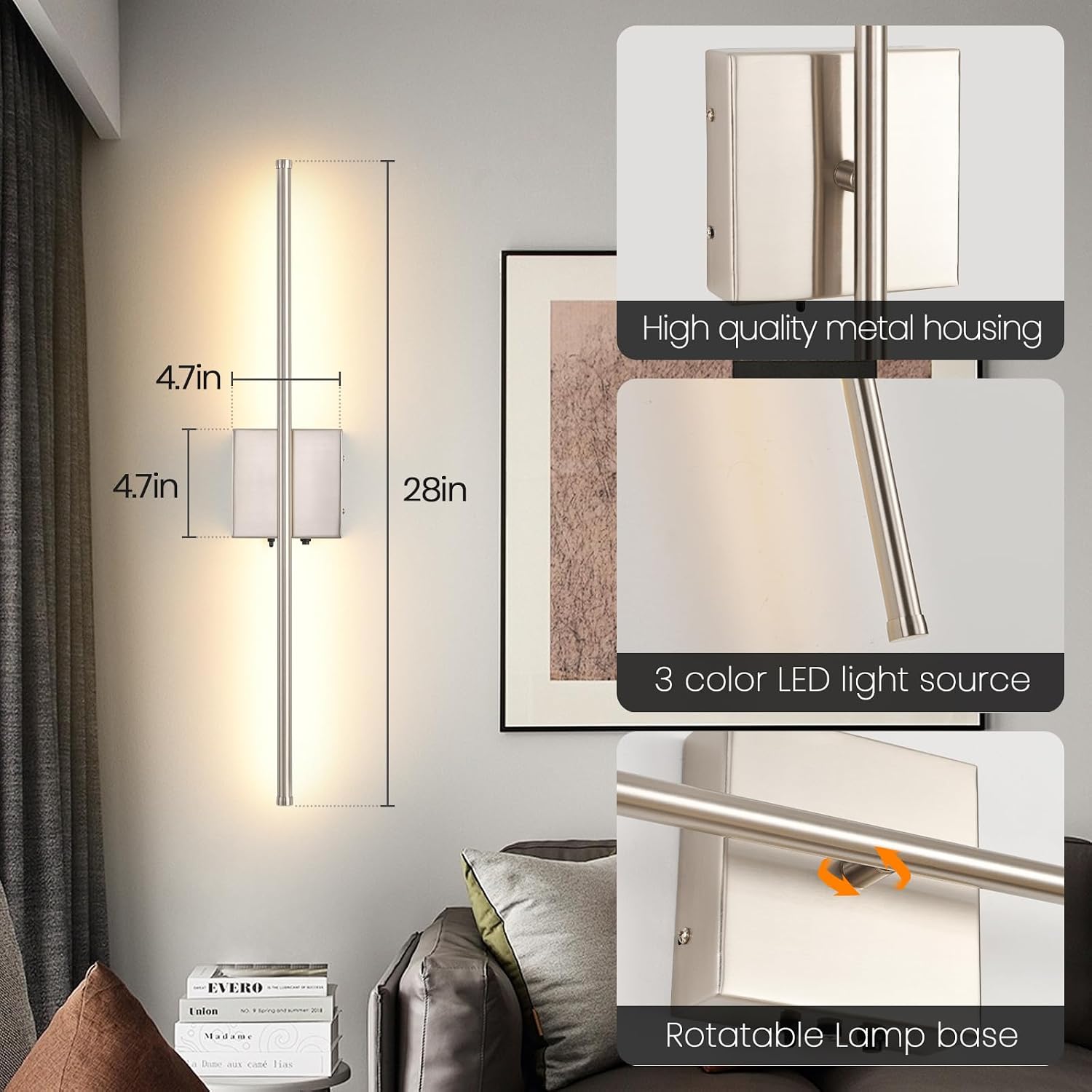 Wireless Battery Operated Wall Sconces, 11000mAh Rechargeable Brushed Nickel Wall Light with Remote Control, 350°Rotate