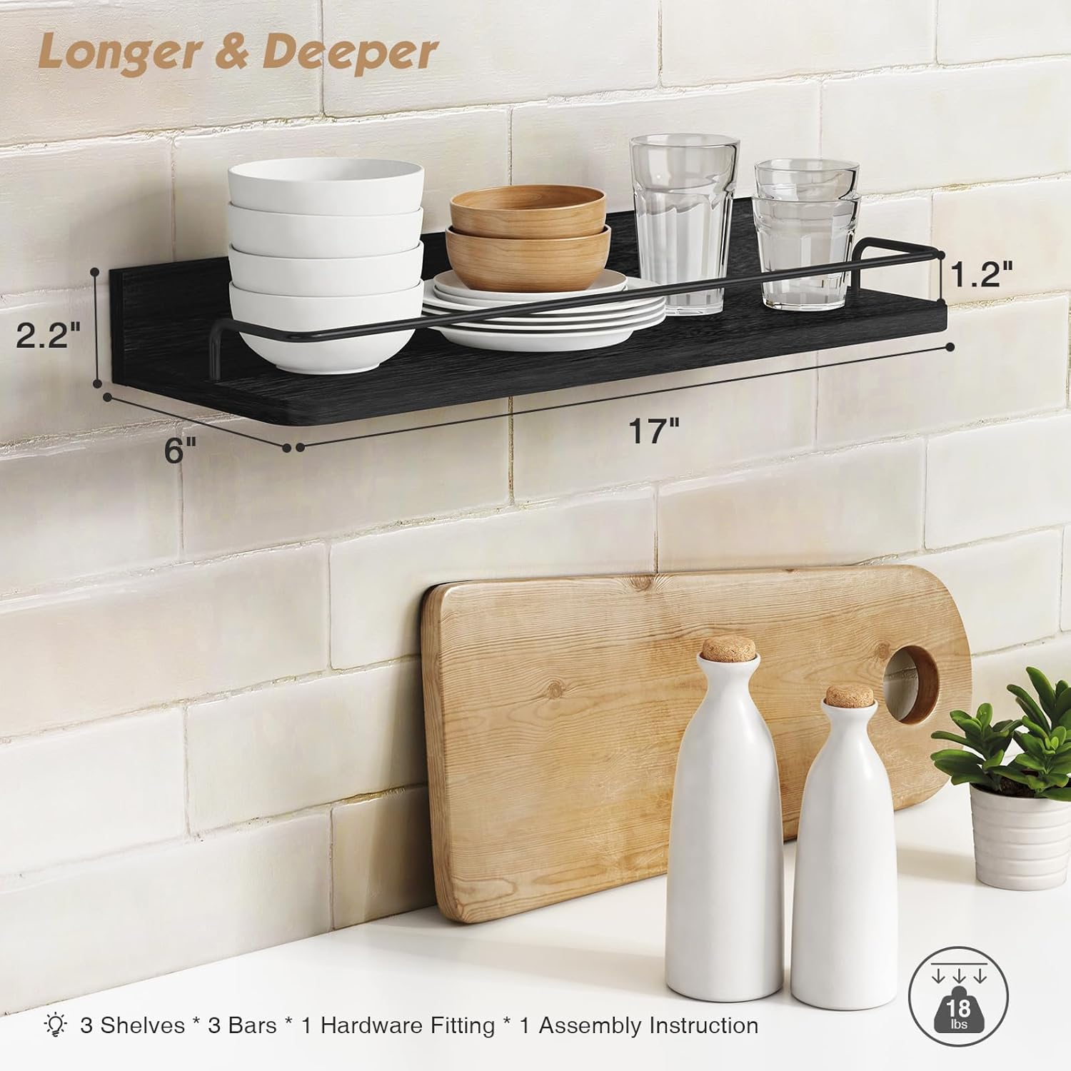 Forbena Black Floating Shelves for Wall, Bahtroom Wall Shelves Over Toilet, Rustic Hanging Shelf with Lip Rail for