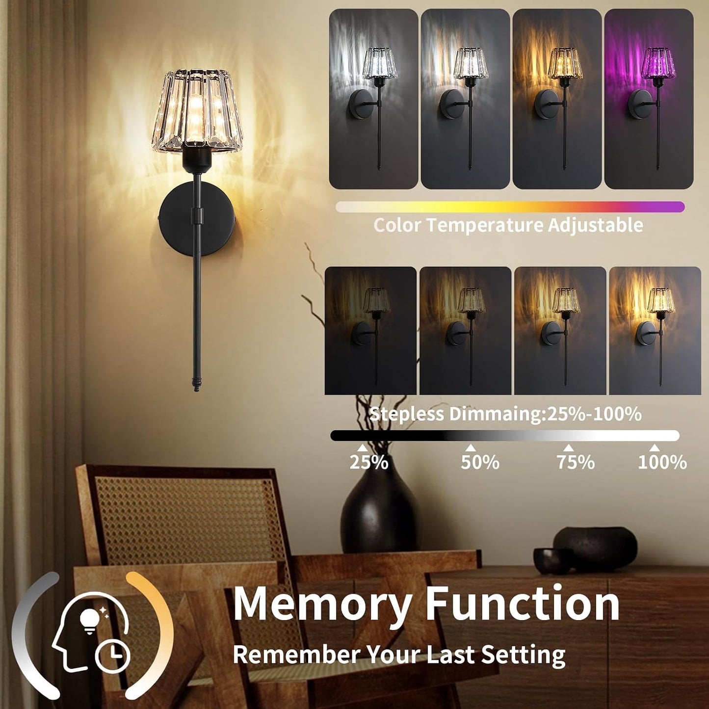 Battery Operated Crystal Wall Sconce Set of 2, Black Rechargeable Wireless Wall Sconces with Remote Dimmable 12 Colors