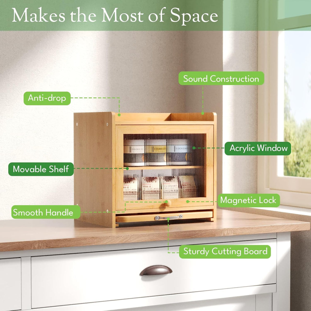 Bamboo Bread Box, Double Layer, Cutting Board, Kitchen, Natural | See-Inside Acrylic, Magnetic Closure, Countertop