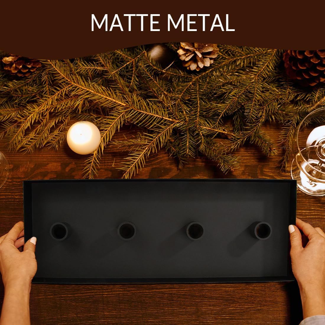 TELOSMA Matte Black Iron Advent Candle Holder, 4 Candlestick Seats | Advent taper candle tray; decorative centerpiece