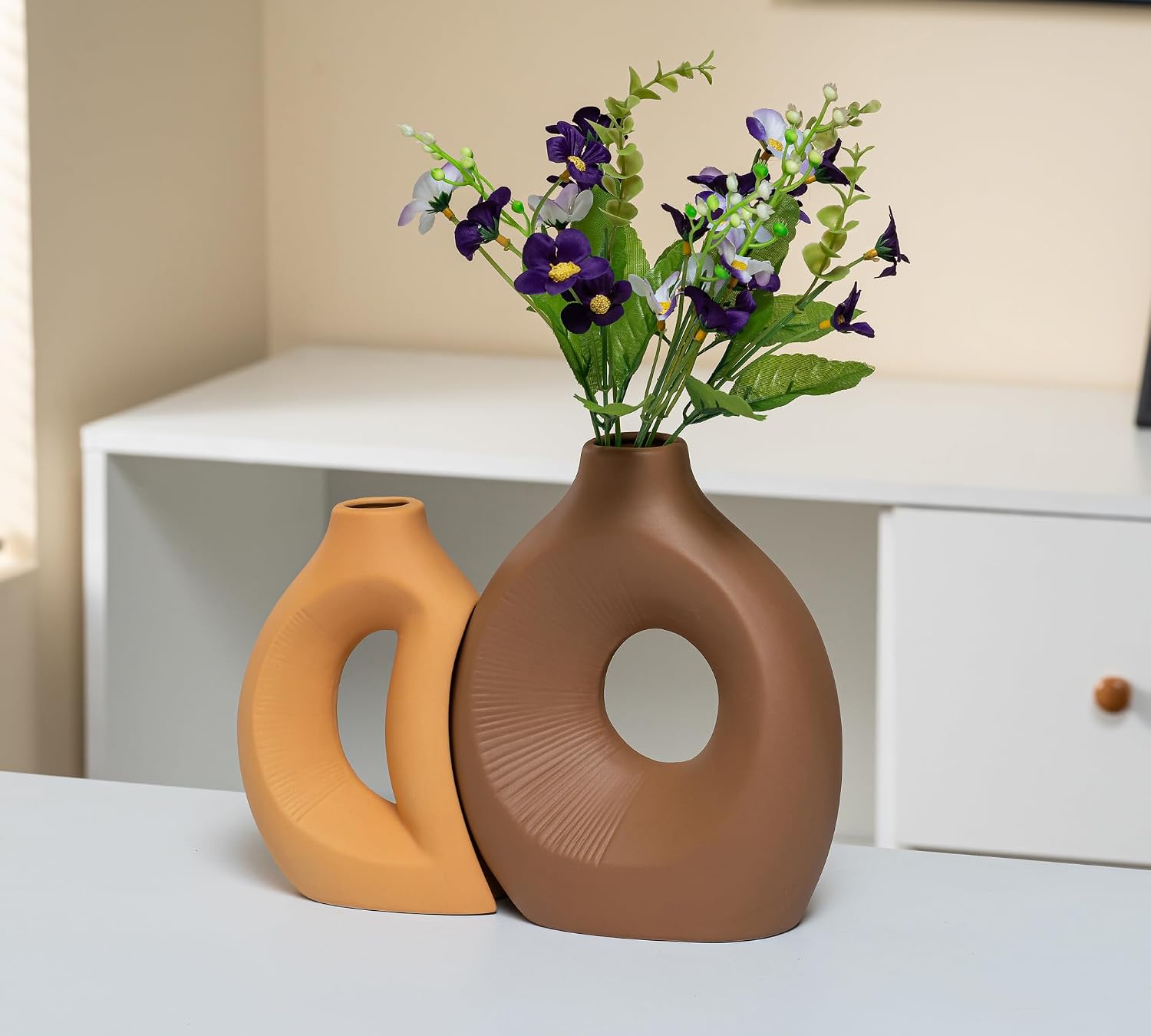 Unique Ceramic Vase / Dark Brown/orange / Set of 2