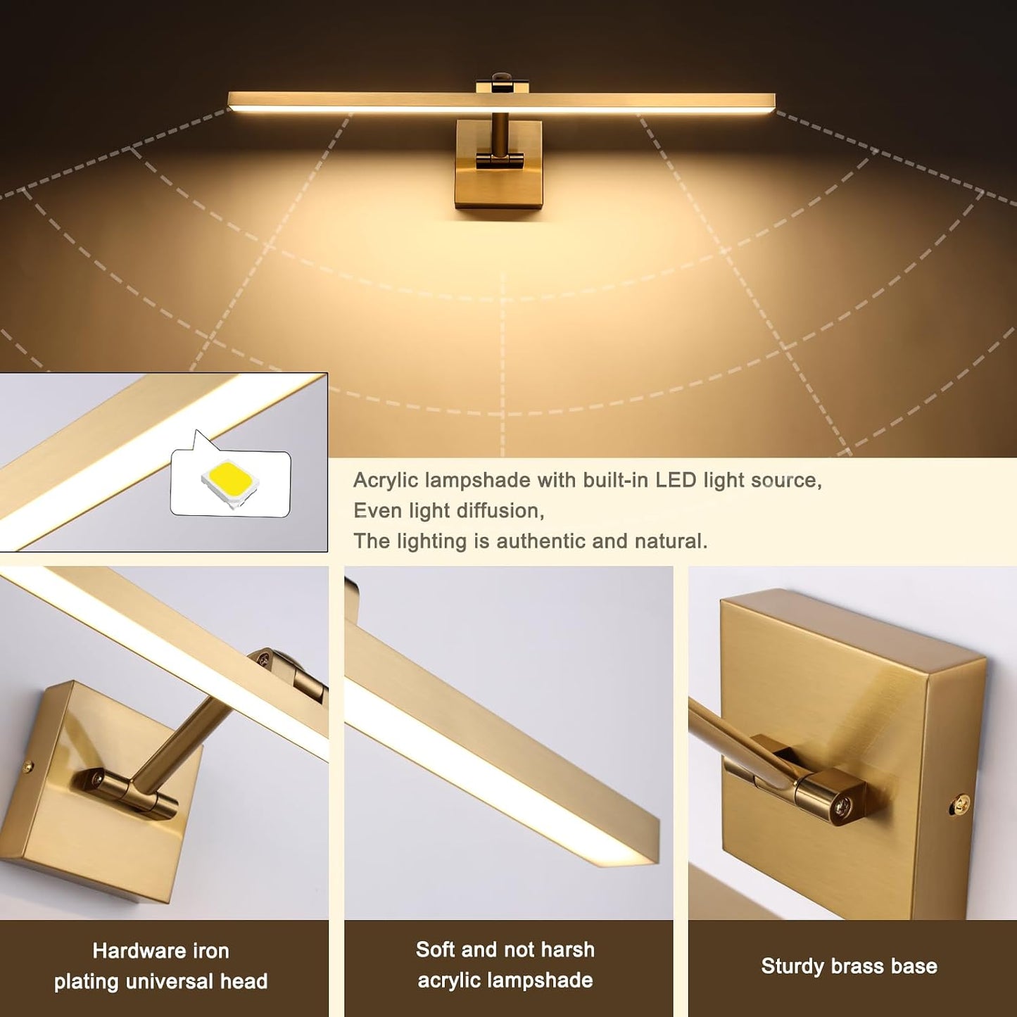 Hard-Wired Picture Lights 23.62 Inch Dimmable LED Wall Art Lighting 14W,2700K, Warm WhiteModern Brass Gallery Light