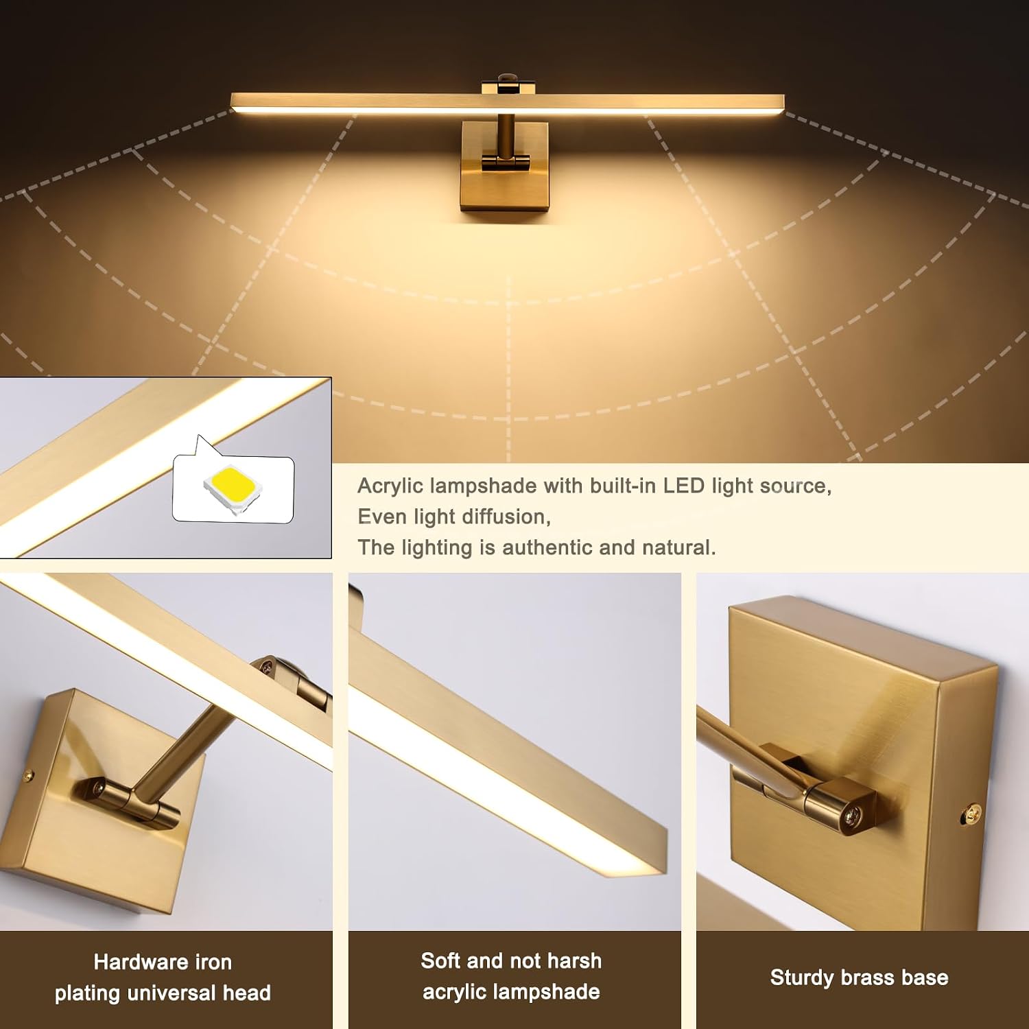 Hard-Wired Picture Lights 23.62 Inch Dimmable LED Wall Art Lighting 14W,2700K, Warm WhiteModern Brass Gallery Light