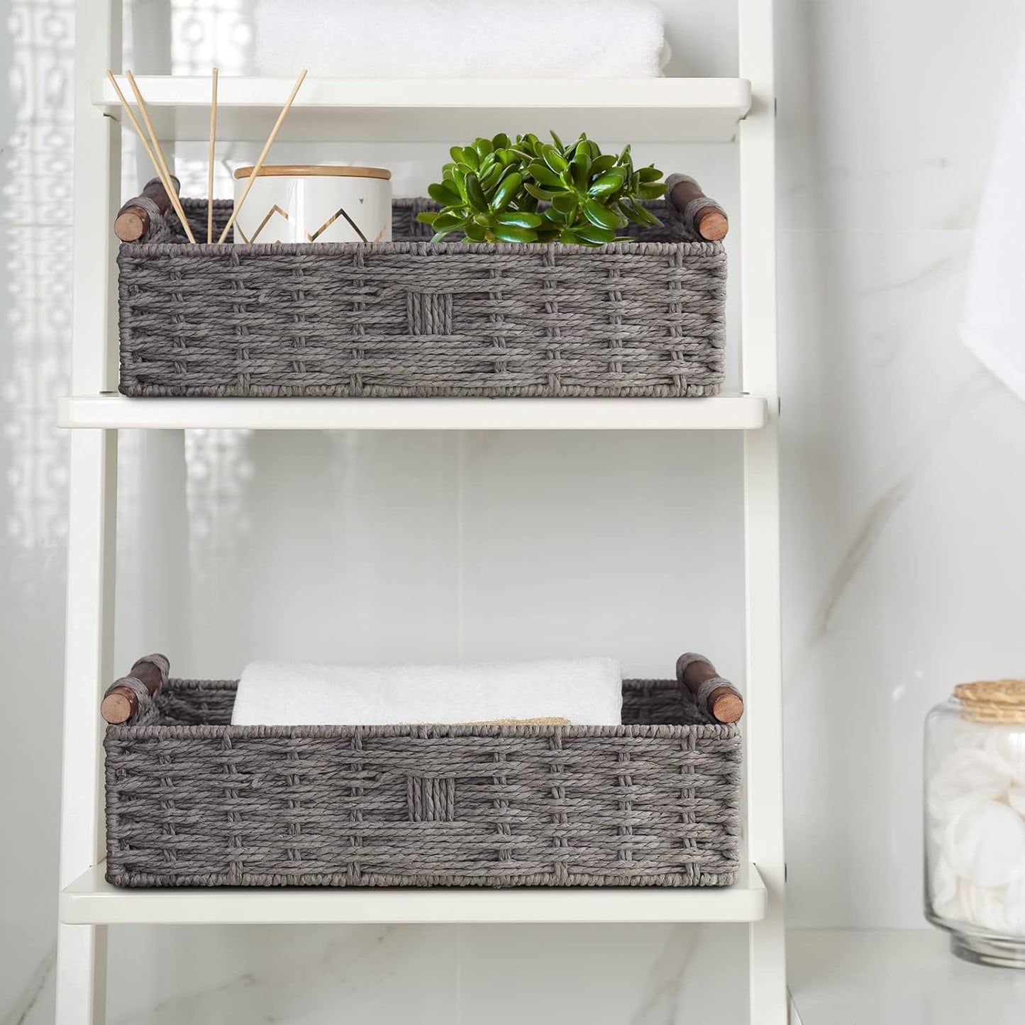 Round Paper Rope Storage Basket Wicker Baskets for Organizing / Grey