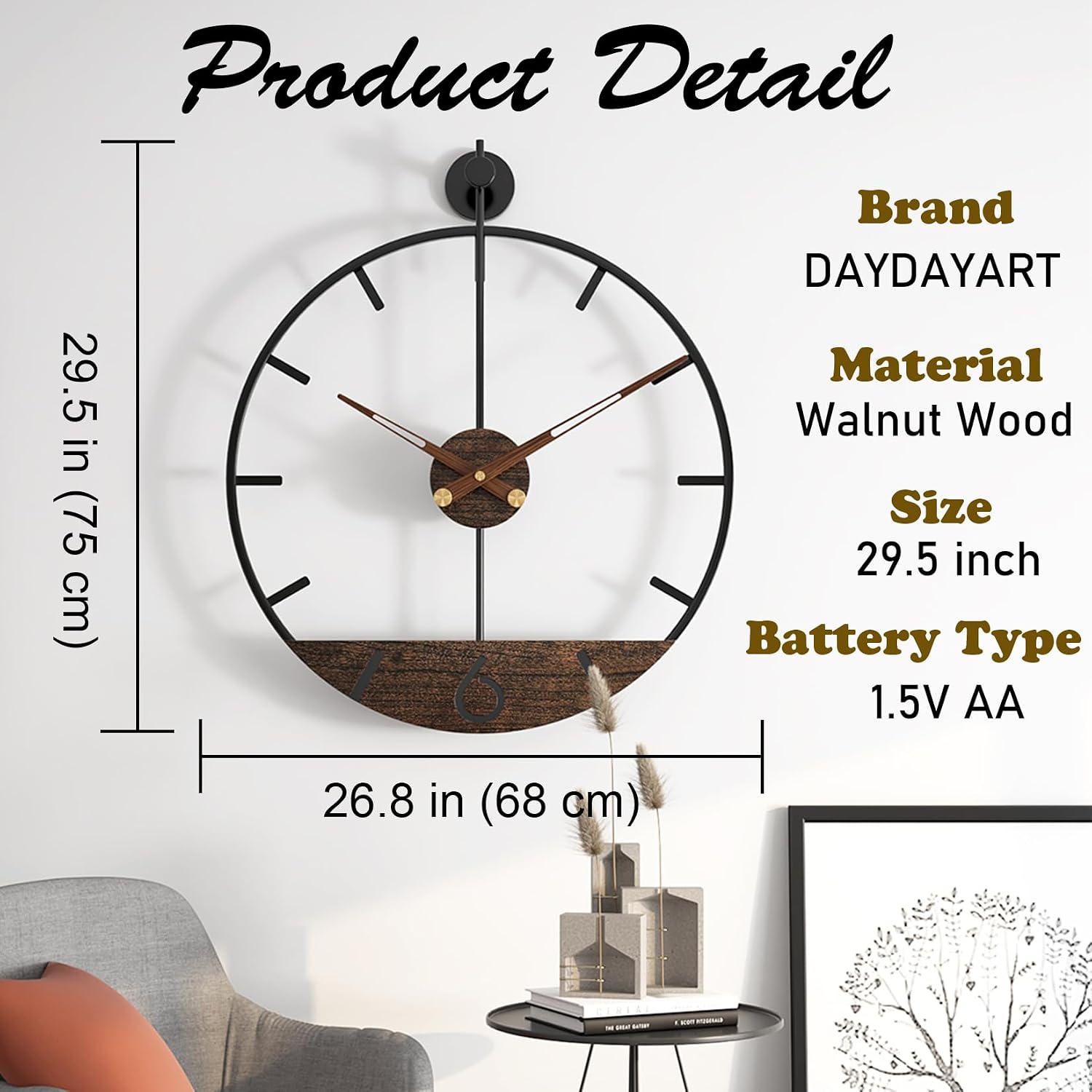 Modern Wood Walnut Dial Wall Clock, Large Simple Wall Decor Metal Frame Silent Non Ticking Clock for Living Room