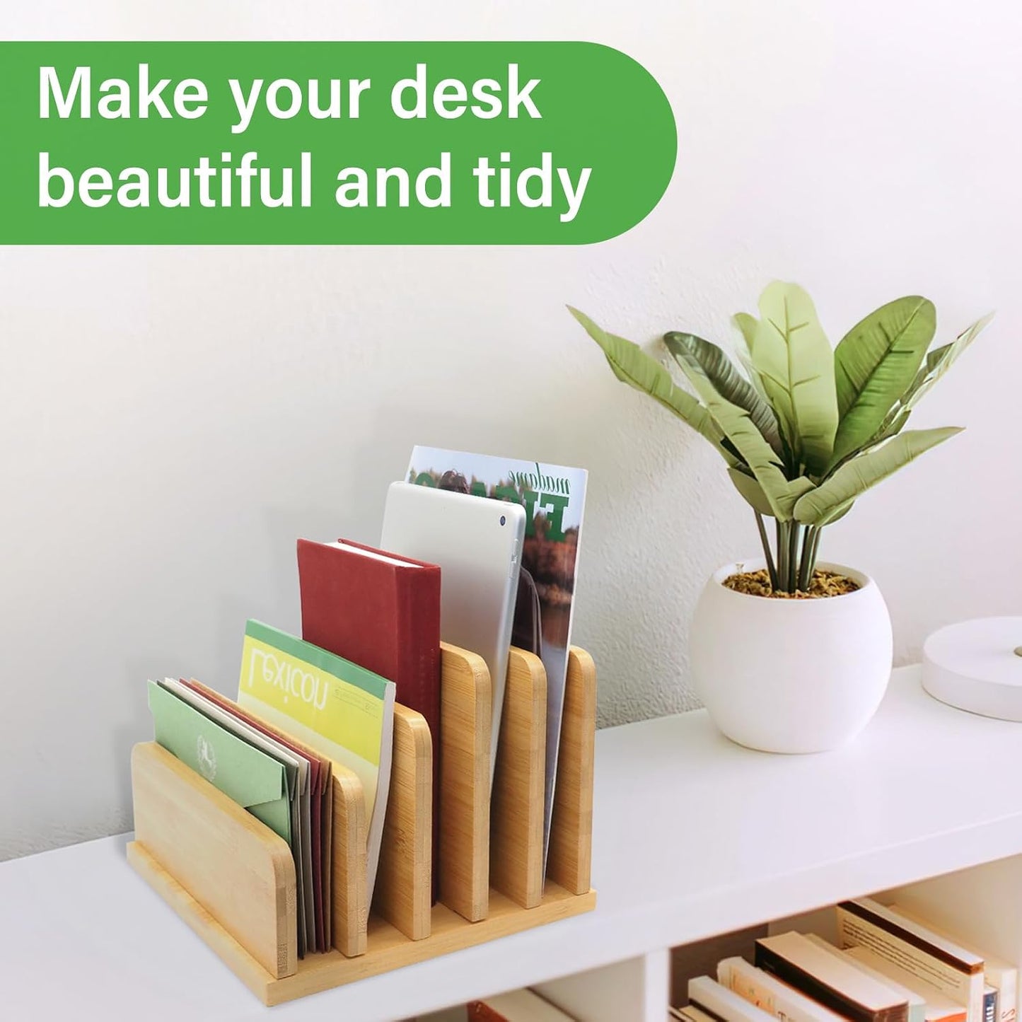 Desk File Mail Organizer Countertop, 5 Slots Bamboo Folder Sorter Holder for Letter, Envelope, Paper, Bill Filing