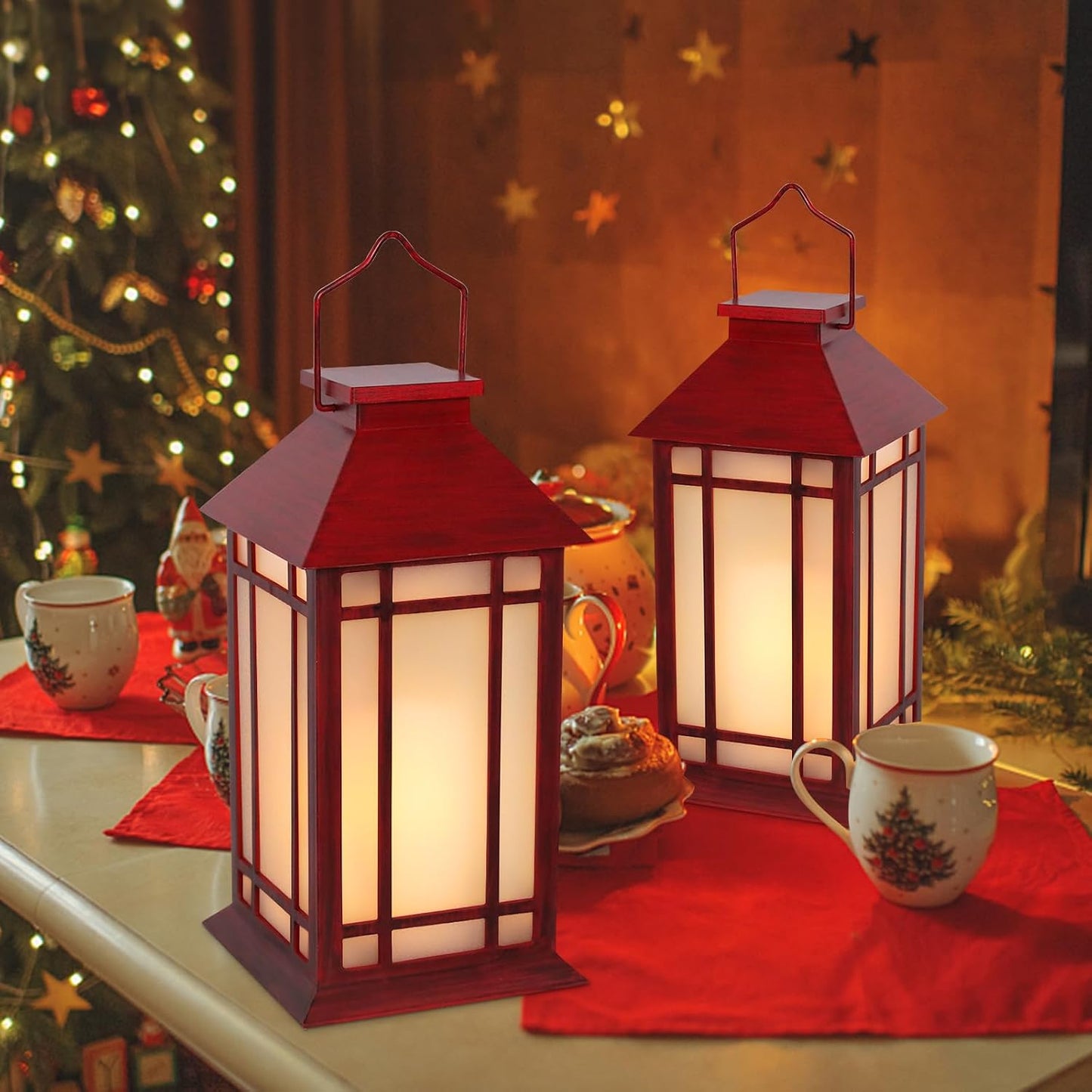 Christmas Lanterns Decorative,2pcs Red Lanterns Decorative Outdoor,Decorative Candle Lanterns Flameless Hanging Lights