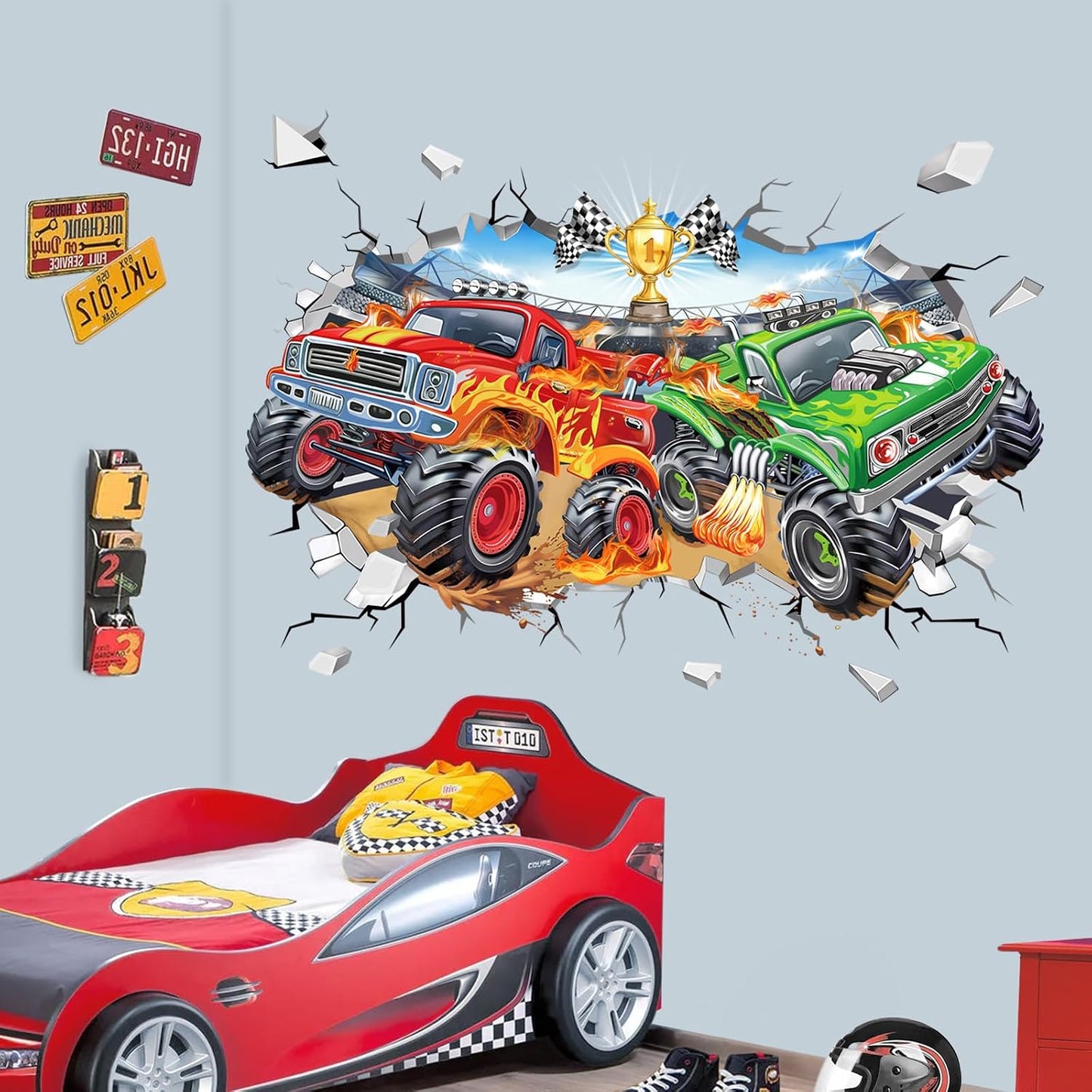 Large 3D Racing Car Wall Stickers Vehicles Truck Break Through Peel and Stick Wall Art / 3D Truck