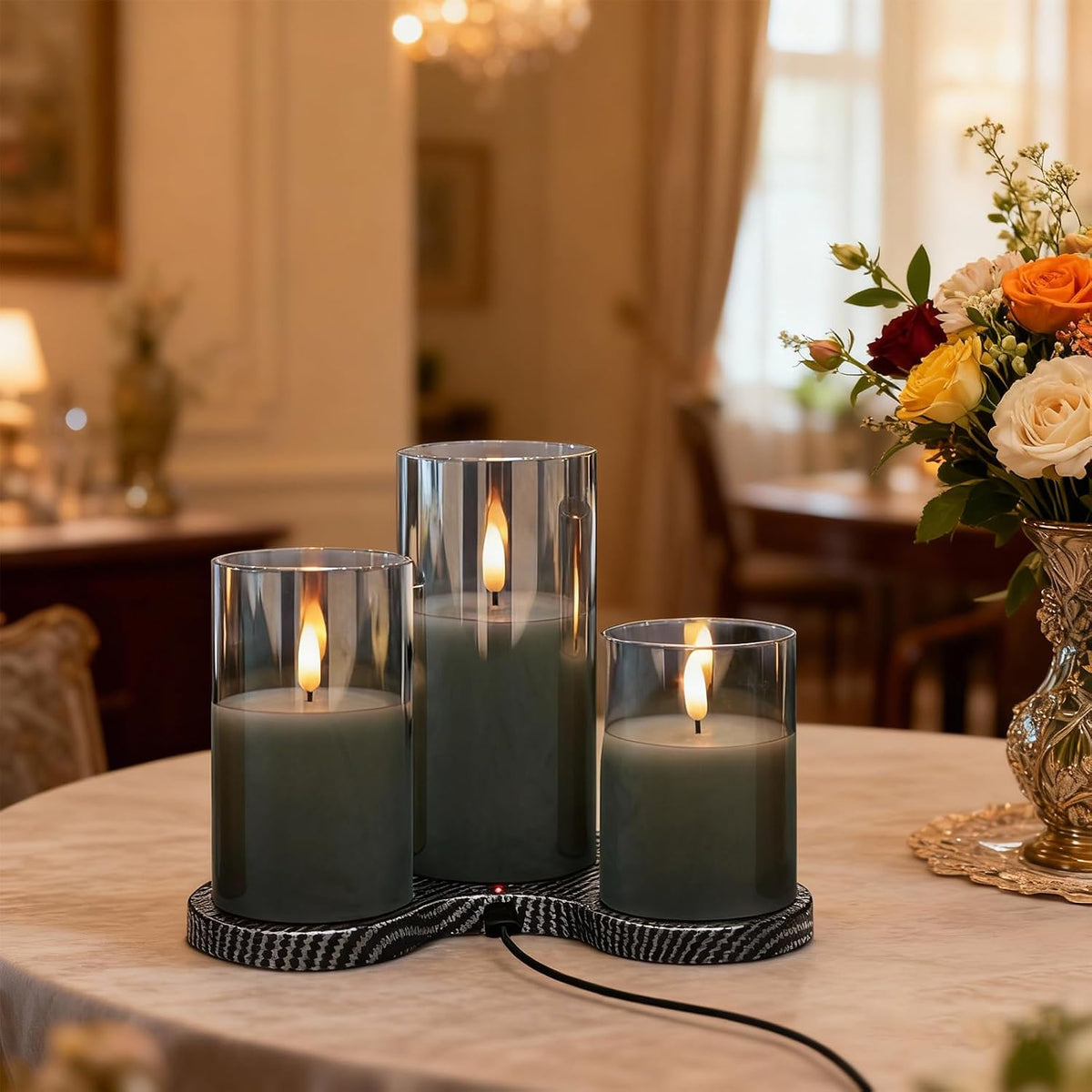 GenSwin Rechargeable Glass Flameless Candles with Remote Timer Black | Charging Base,Battery Operated Candles with 3D