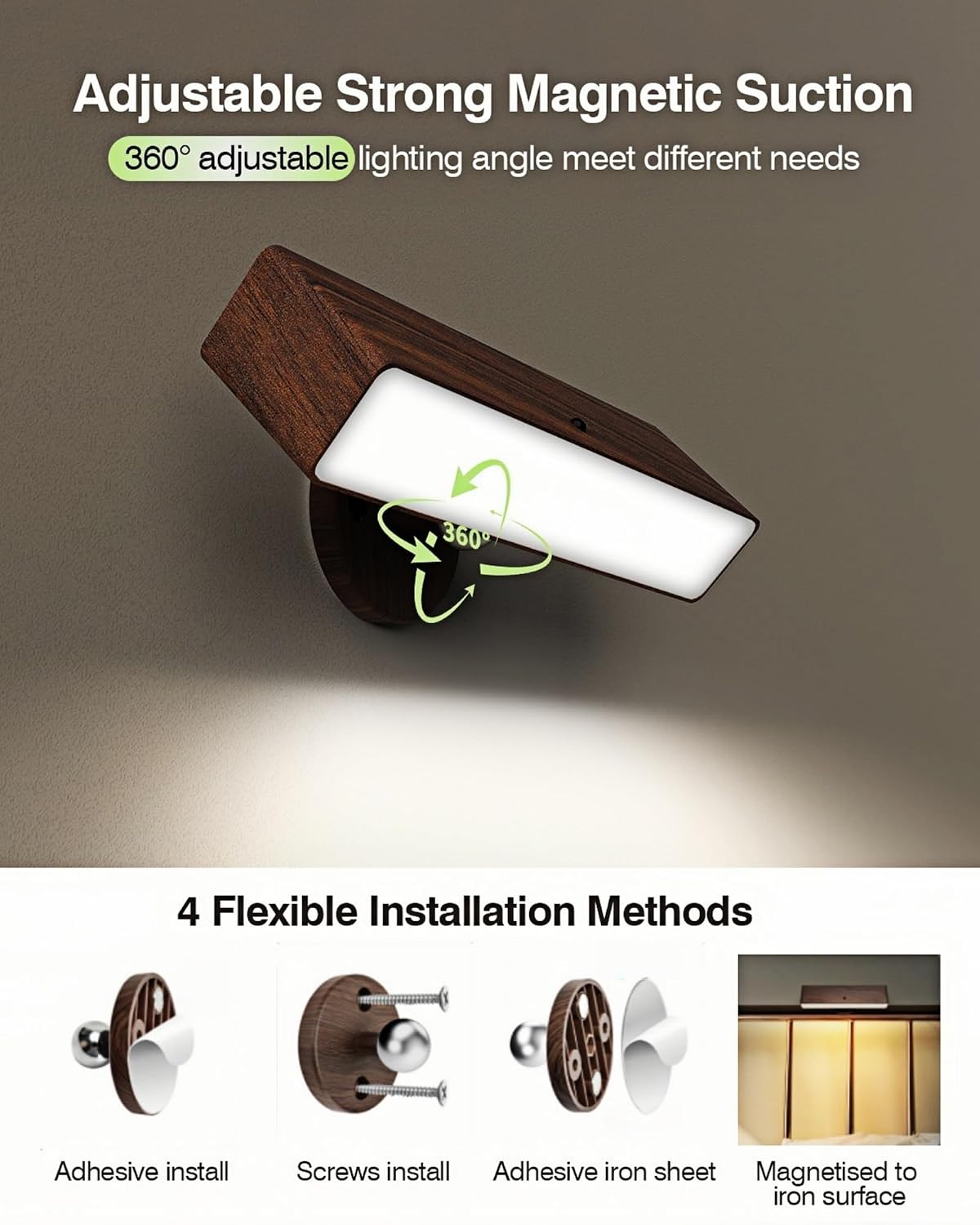 Battery Operated Wall Sconces Set of 2, Wood Rechargeable | Wireless Wall Light with Remote&Button, 360° Rotate