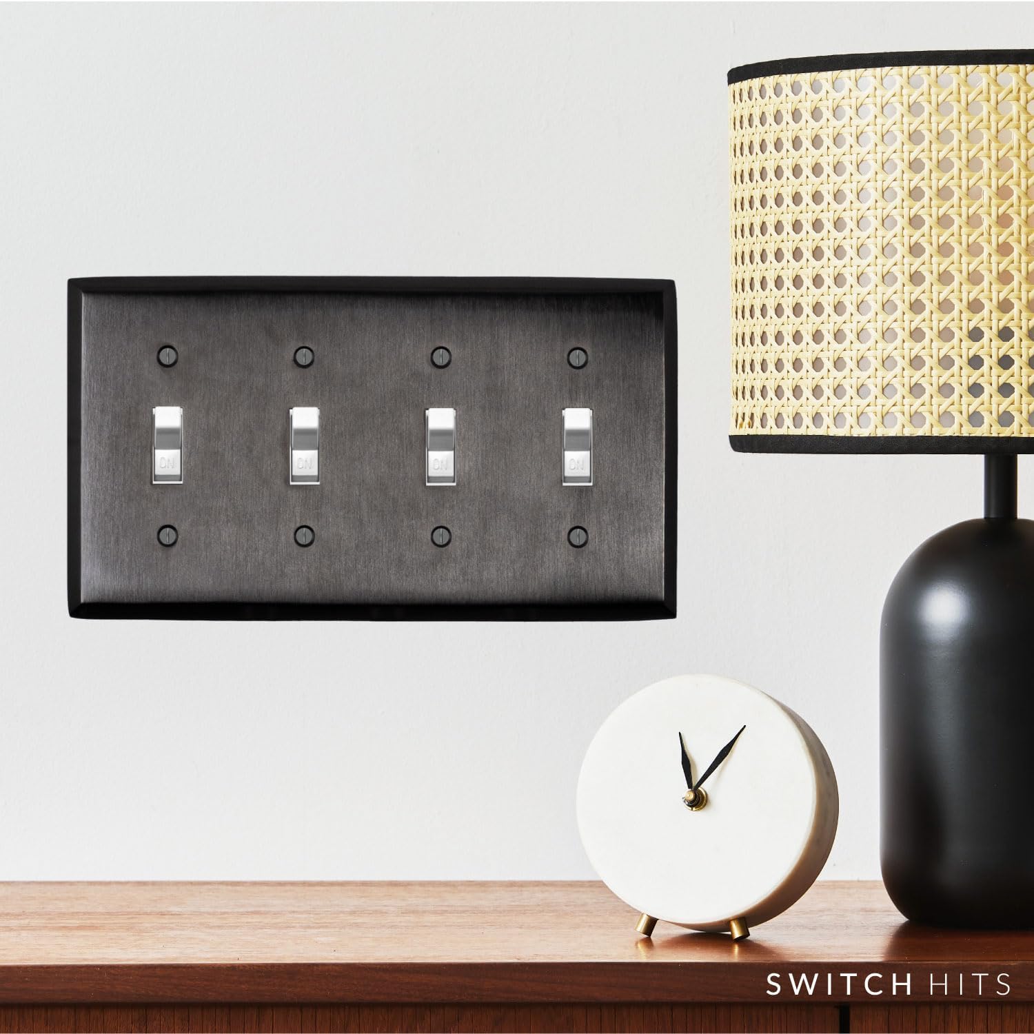 Satin Nickel Black Outlet Wall Plate | 4 Toggle | 8.25" x 4.5" | Hand-Polished Brass Construction | Electrical Switch