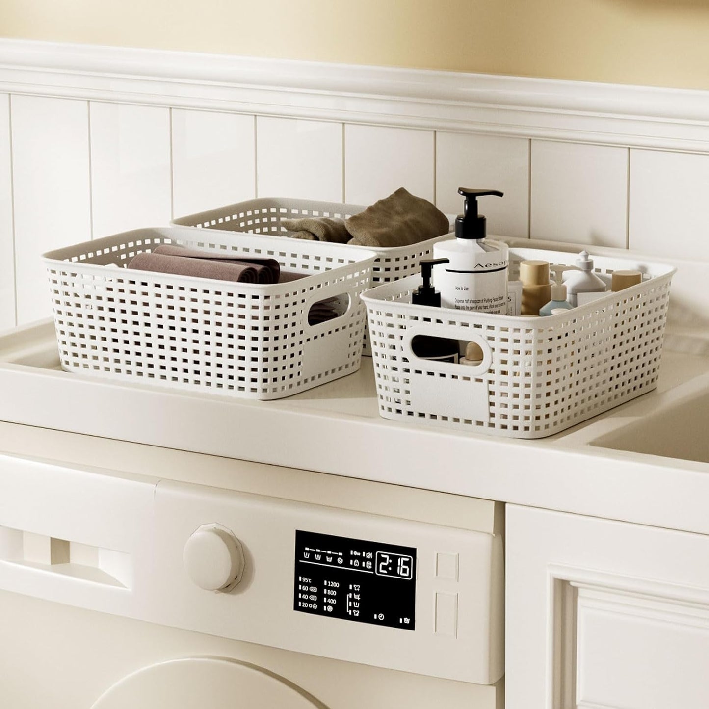 Storage Bins / Stackable Plastic Storage Basket / Cream White / Set of 6