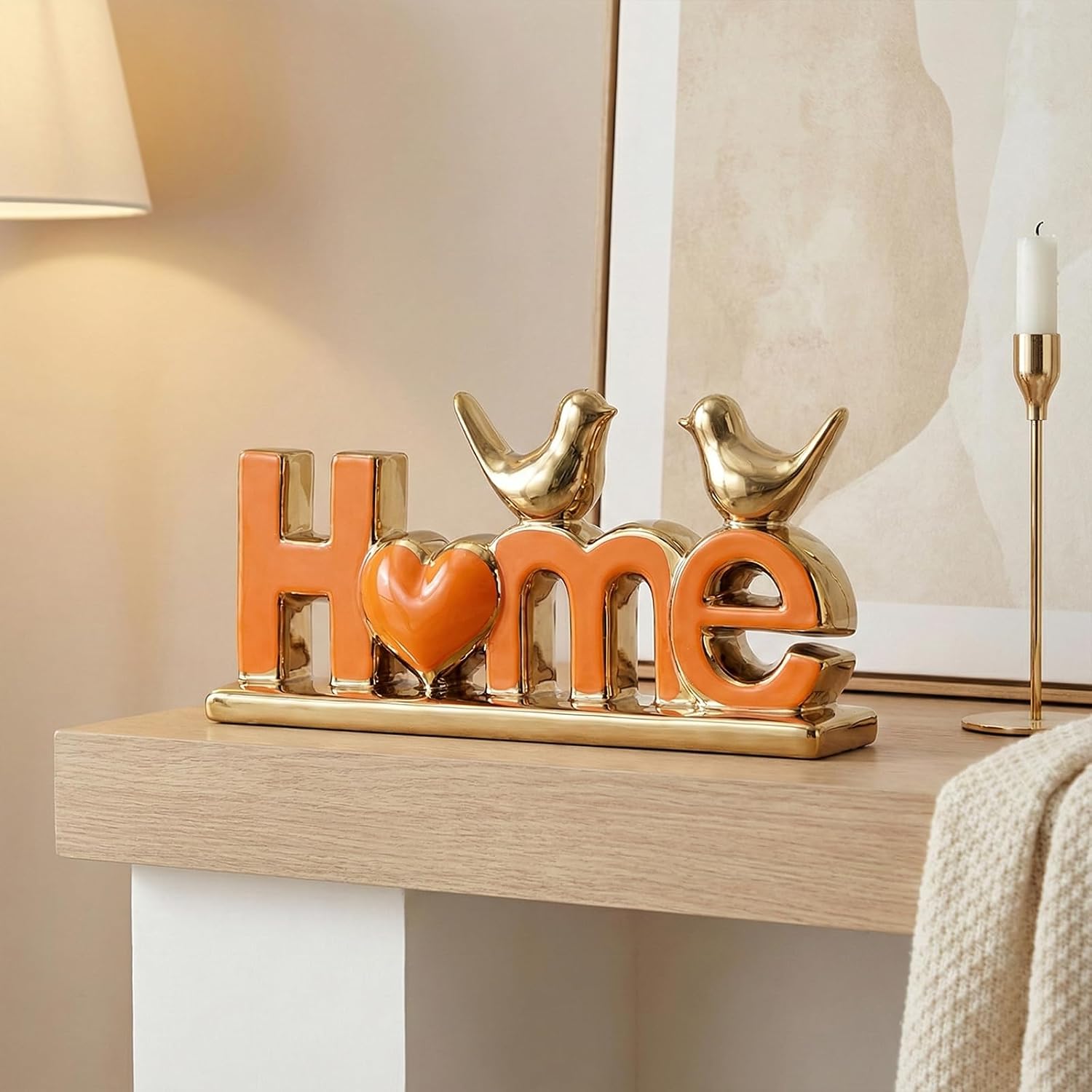 Ceramic Bird Statue / Orange Gold